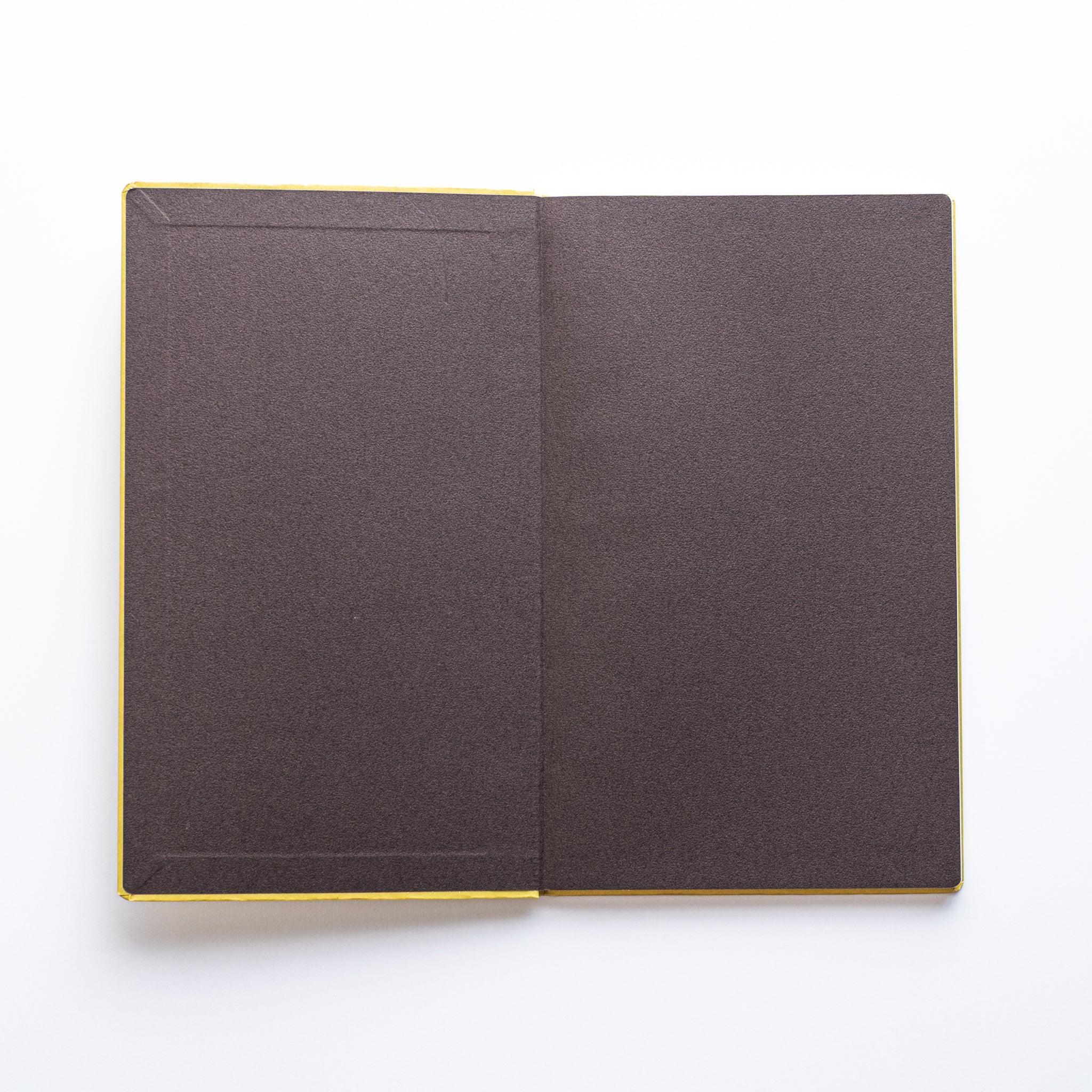 Dressco bank ledger paper A6 notebook, overhead perspective of open notebook with pages, Dressco ledger journal notebook with