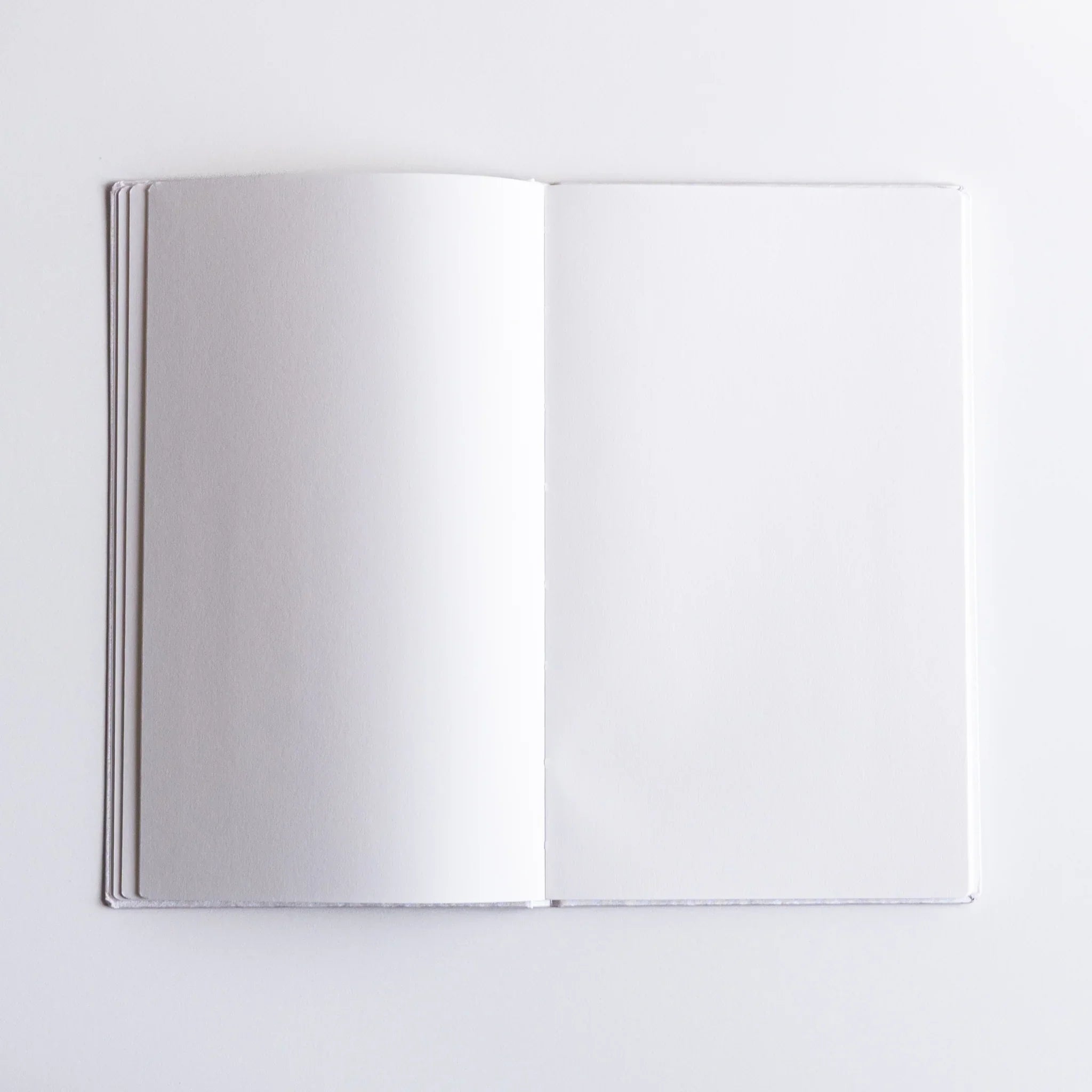 Open pages of Dressco Spica Laid Bond Japanese Notebook B6 showing fine white paper texture.