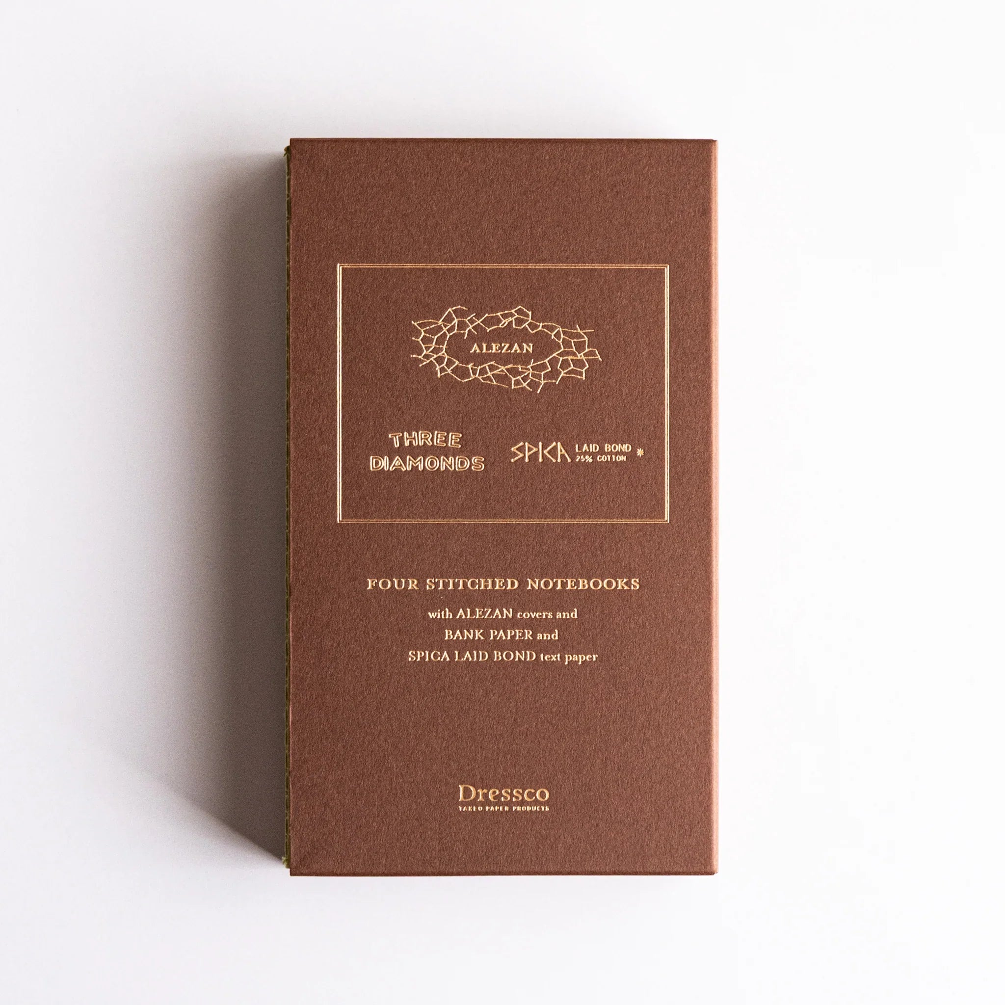 Dressco stitched Japanese notebook set of four presented in an Alezan book case, showing the case design.