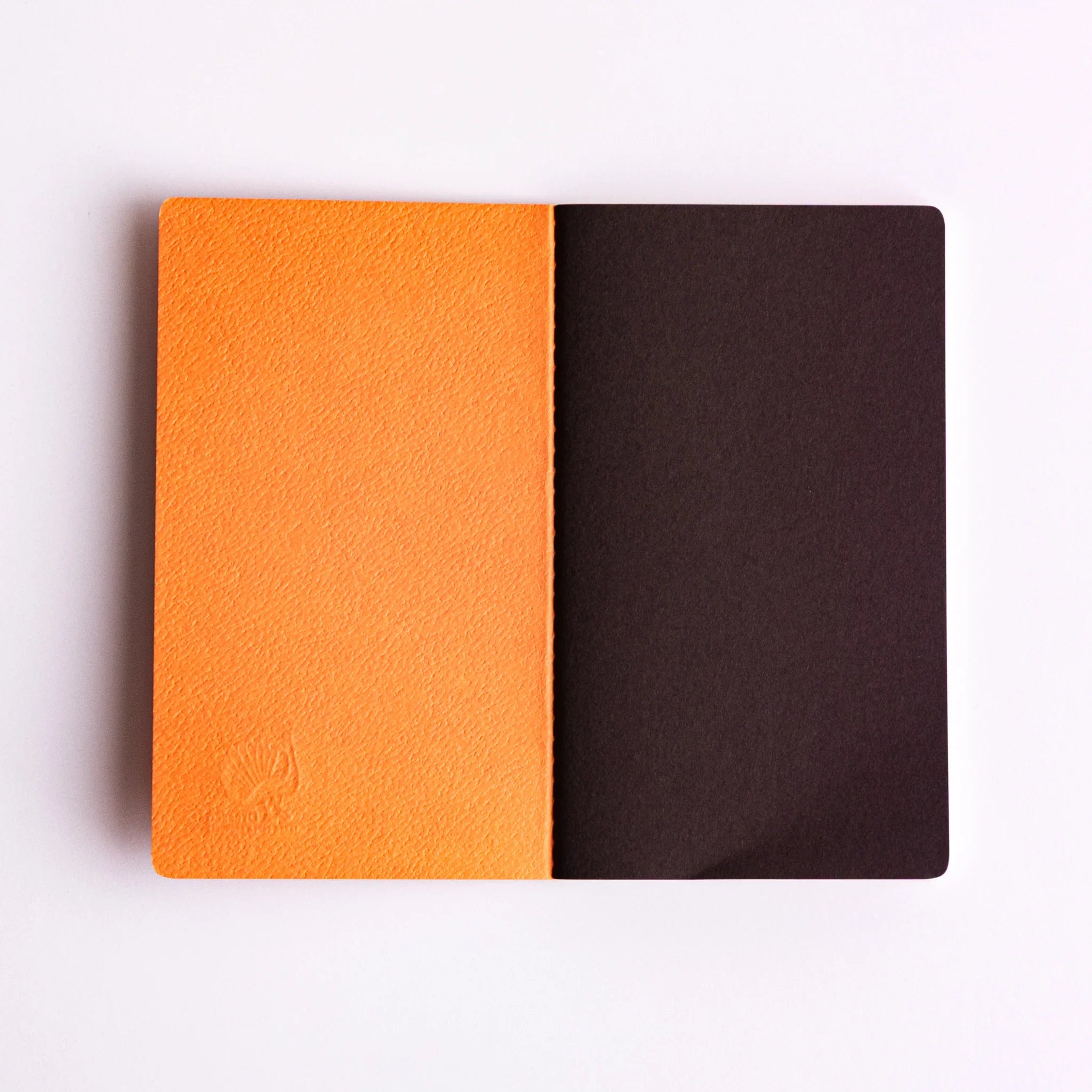 Open Japanese notebooks made from Bank Ledger Paper in orange cover.
