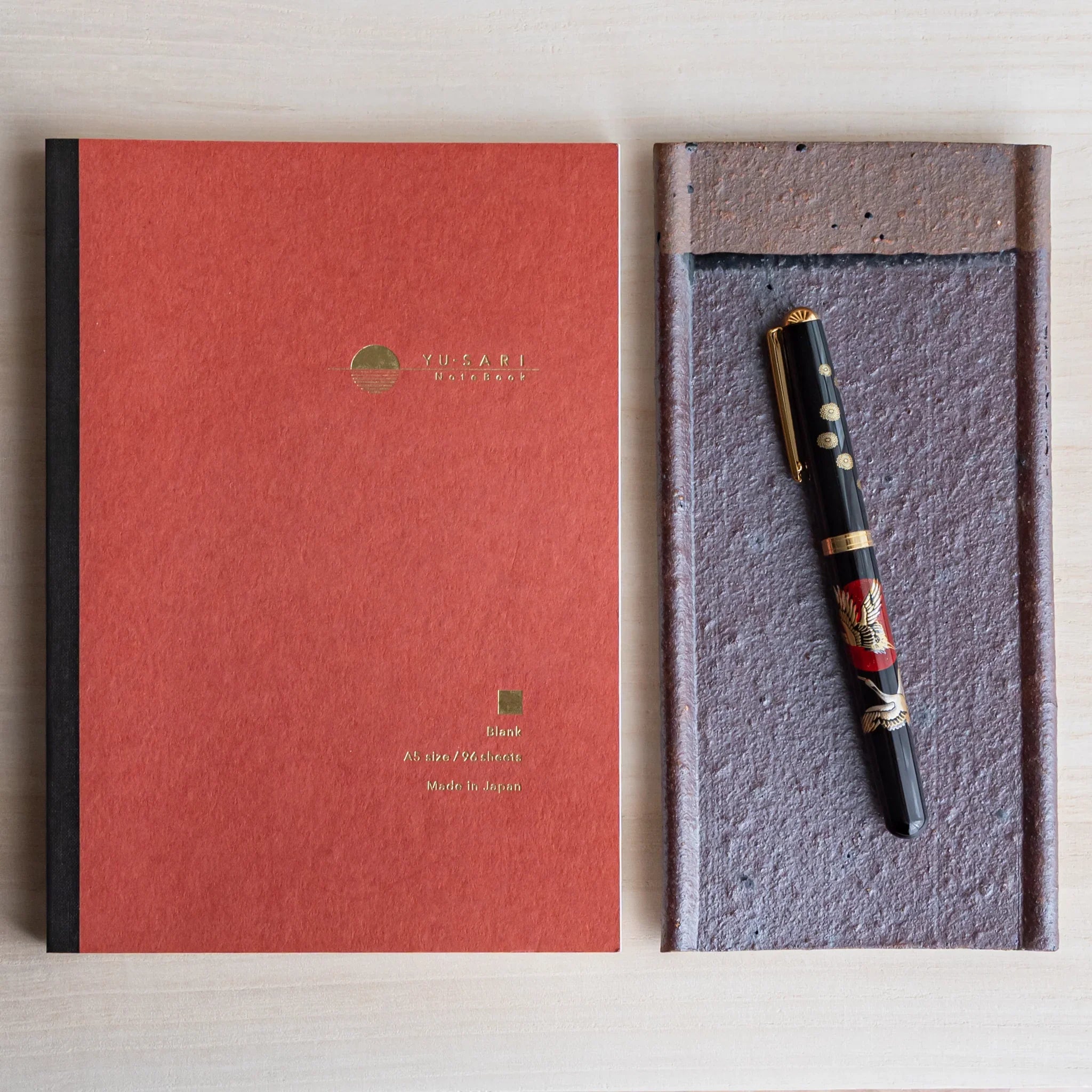 Echizen Kawara red tile ceramic pen tray with four slots shown in composition detail displayed composition view