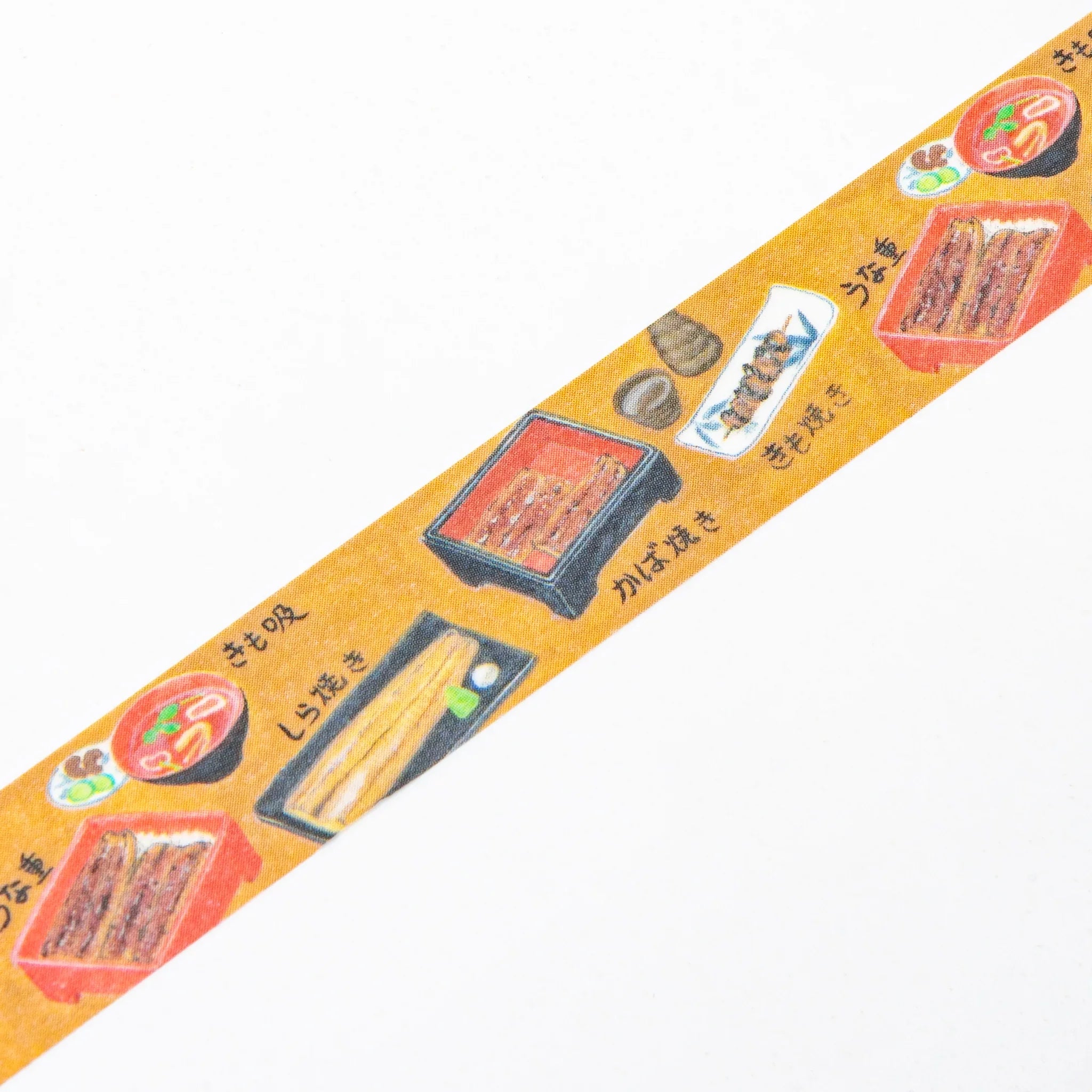 Eel Restaurant Iyo Washi Tape unrolled showing grilled unagi eel dish illustrations on brown background partially unrolled