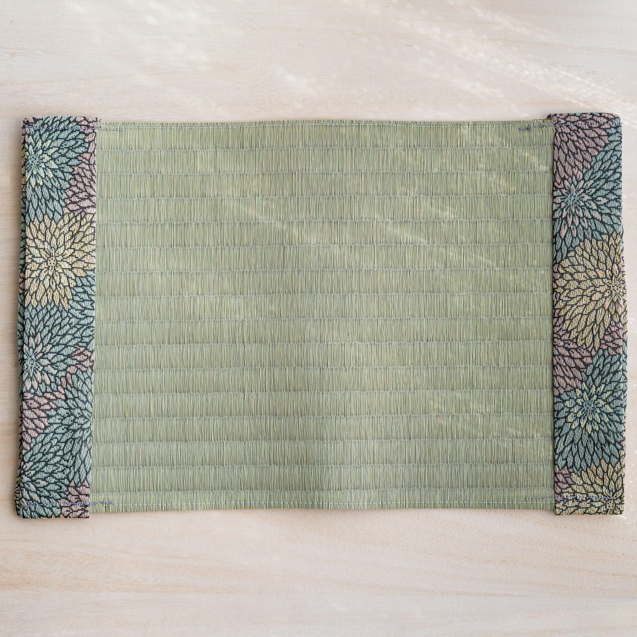 Elegant Chrysanthemum tatami book cover unfolded flat, outer side up, rush straw with chrysanthemum flaps