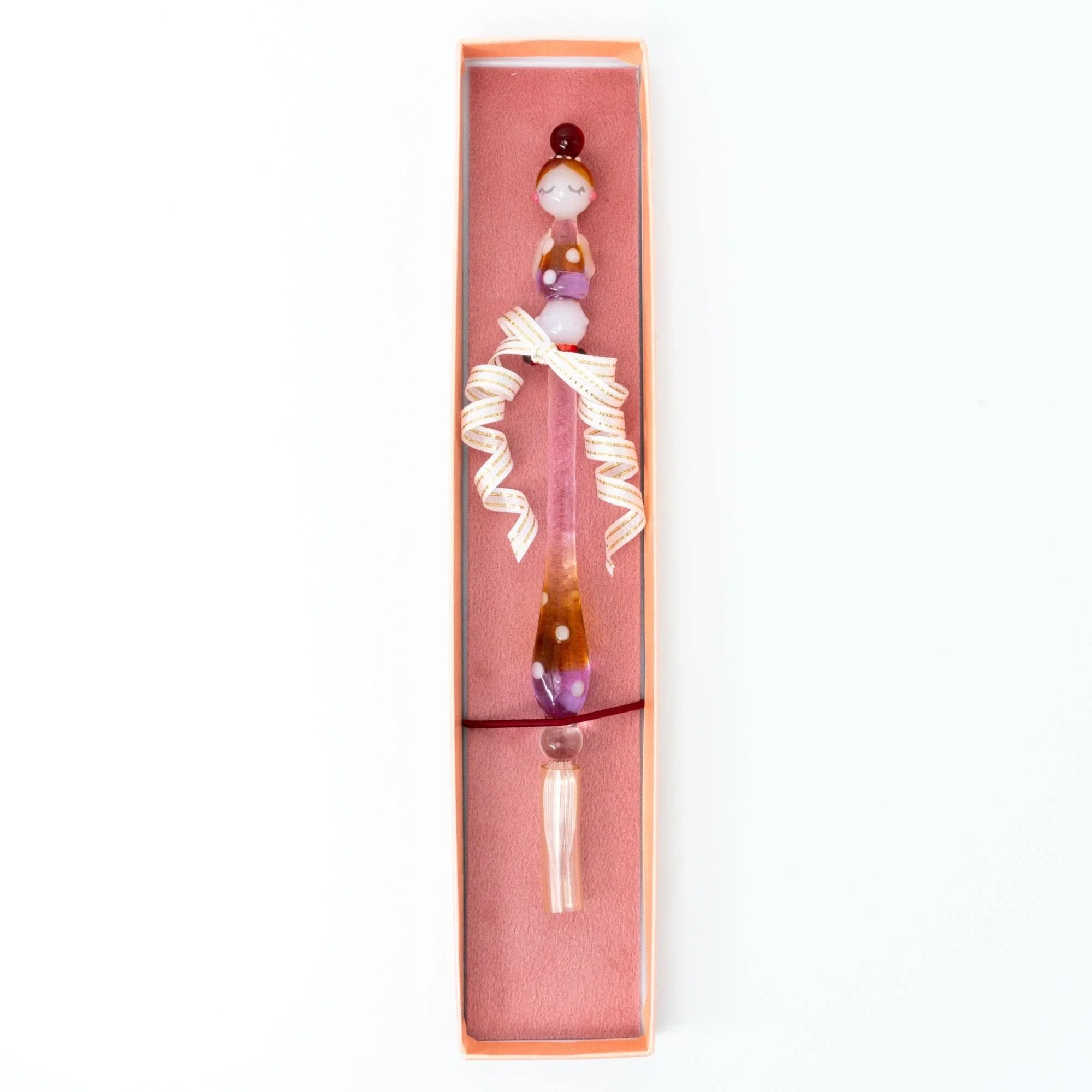 Marun-Chan glass dip pen boxed showing pen with polka dots, includes Japanese branding and ribbon with handle detail and