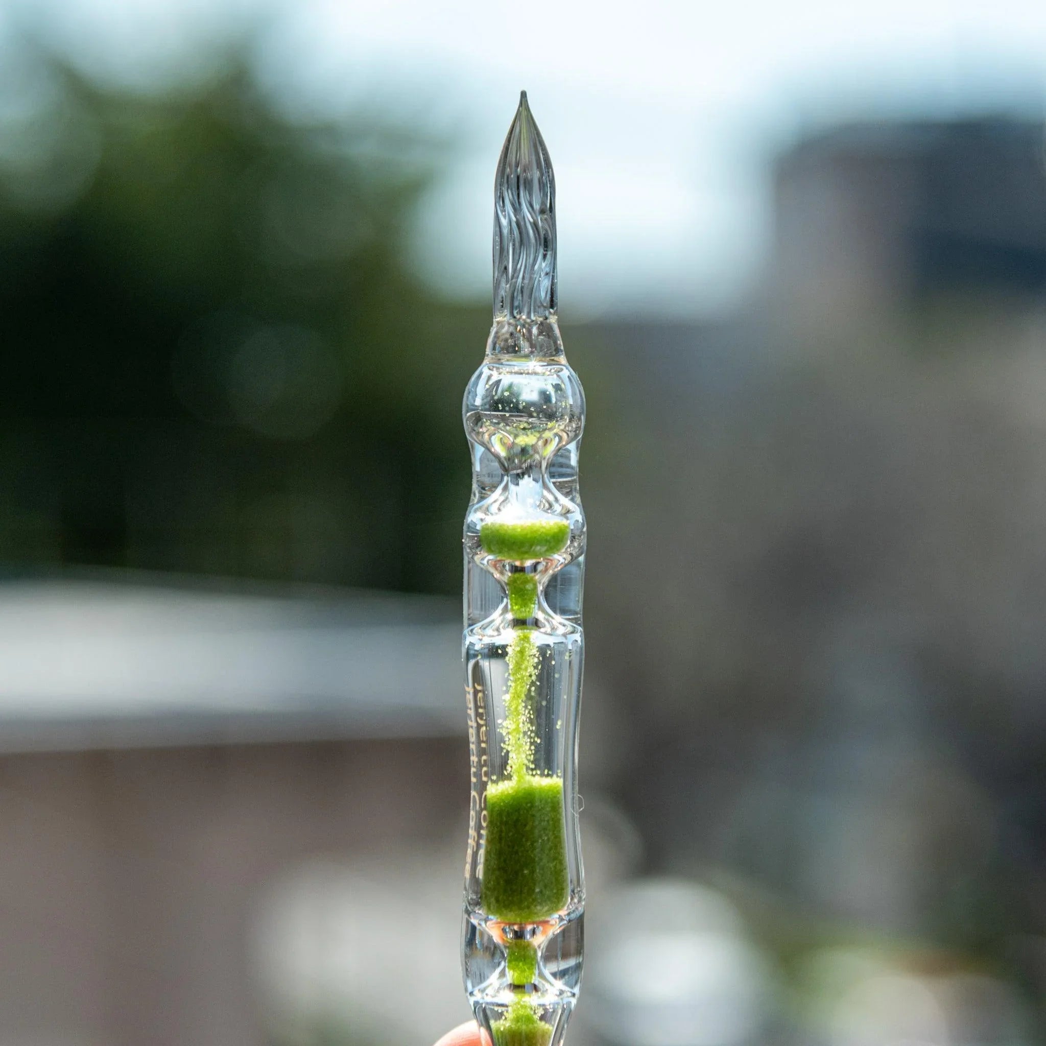 Fresh Green Hourglass Glass Dip Pen featuring bright green pigmented sections in clear glass with three-chamber form