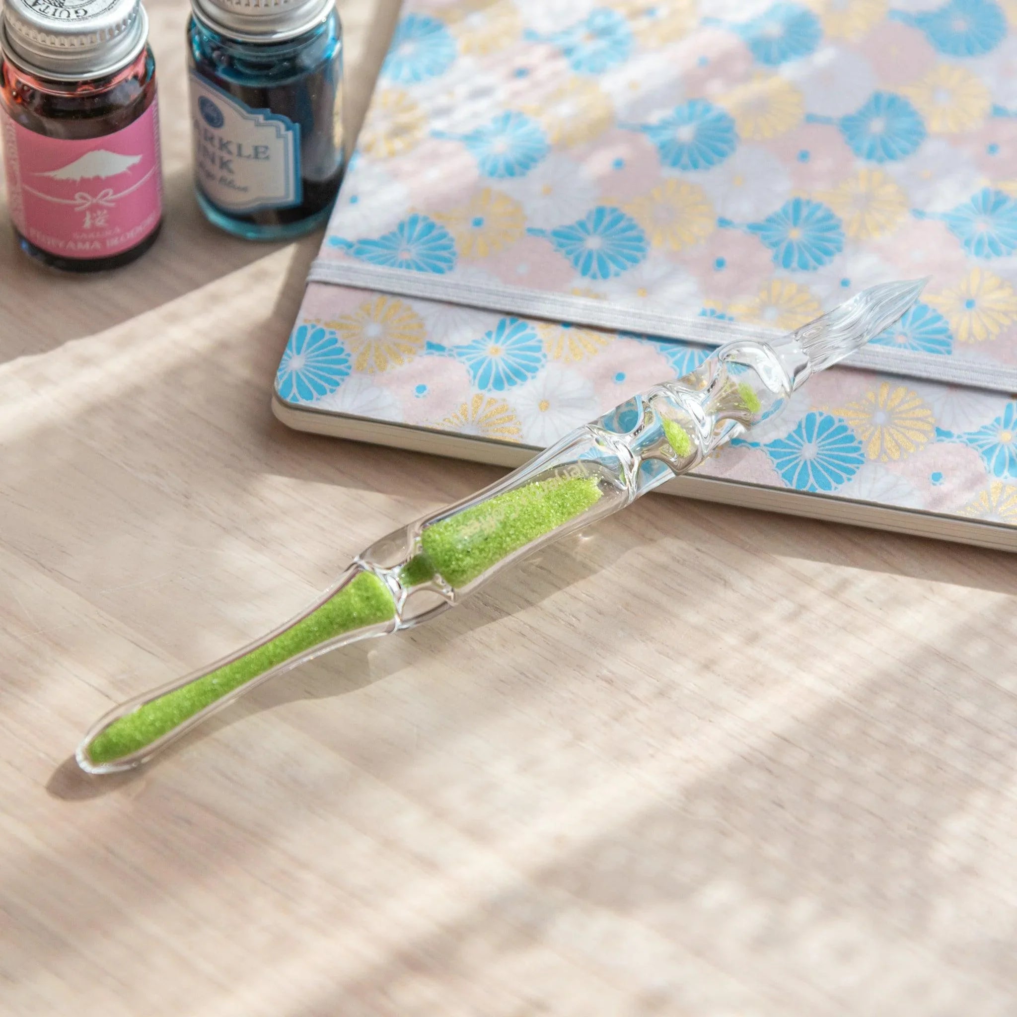 Fresh Green Hourglass Glass Dip Pen with fresh spring-green chambers creating depth in clear glass hourglass barrel