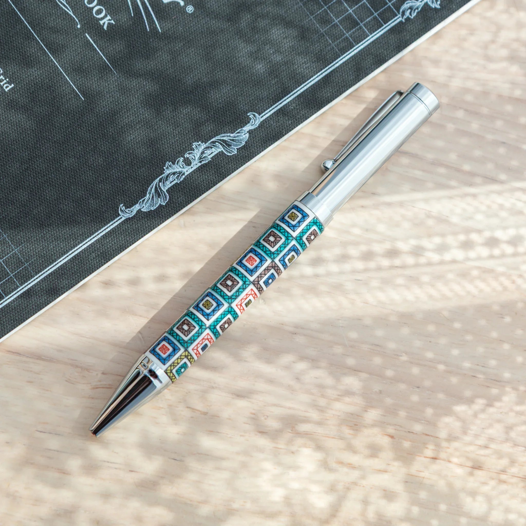 Geometric tile Kutani ceramic ballpoint pen featuring traditional hand-painted tile pattern for refined desk organization