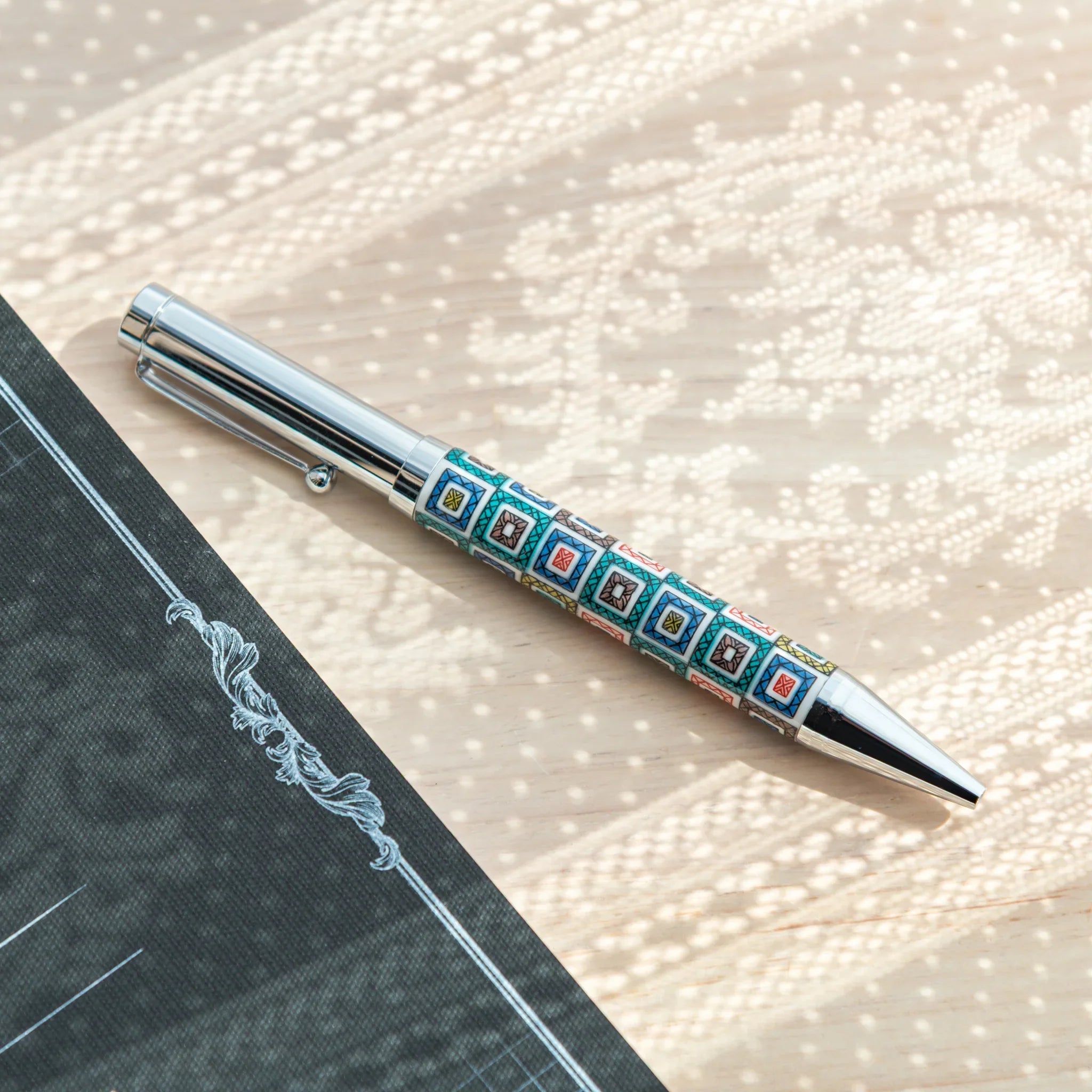 Hand-painted geometric tile Kutani ballpoint pen combining traditional design with modern function for refined desk