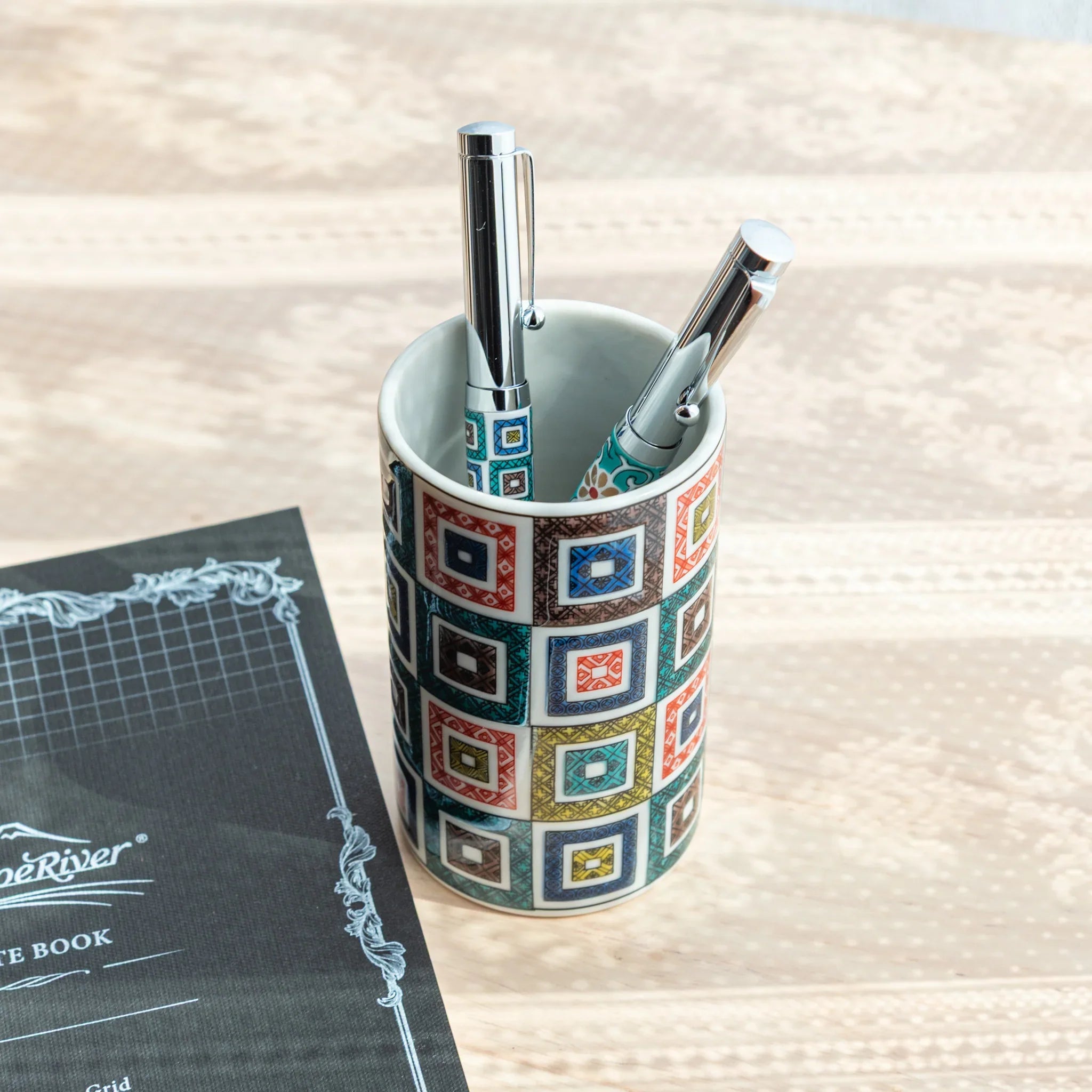 Geometric tile Kutani ceramic pen holder featuring traditional hand-painted tile pattern for refined desk organization