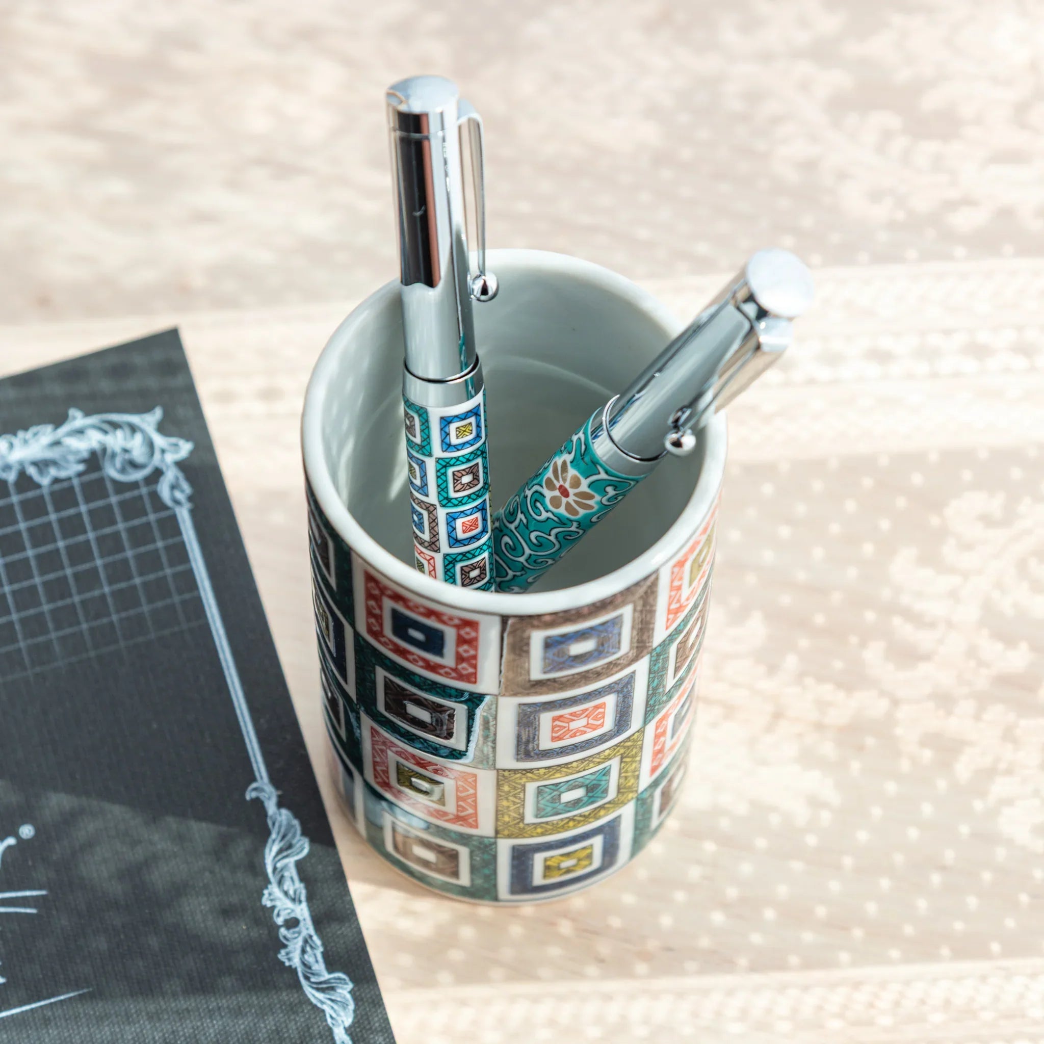 Japanese geometric tile Kutani ceramic pen holder bringing artistic design to office storage featuring traditional
