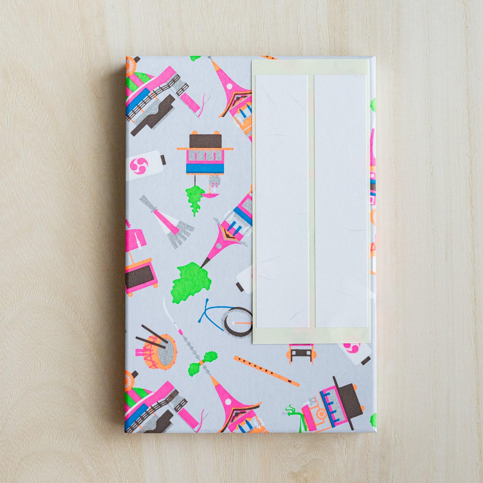 Gion Kyoto goshuincho stamp book pale gray cover with two blank white paper title labels placed on it