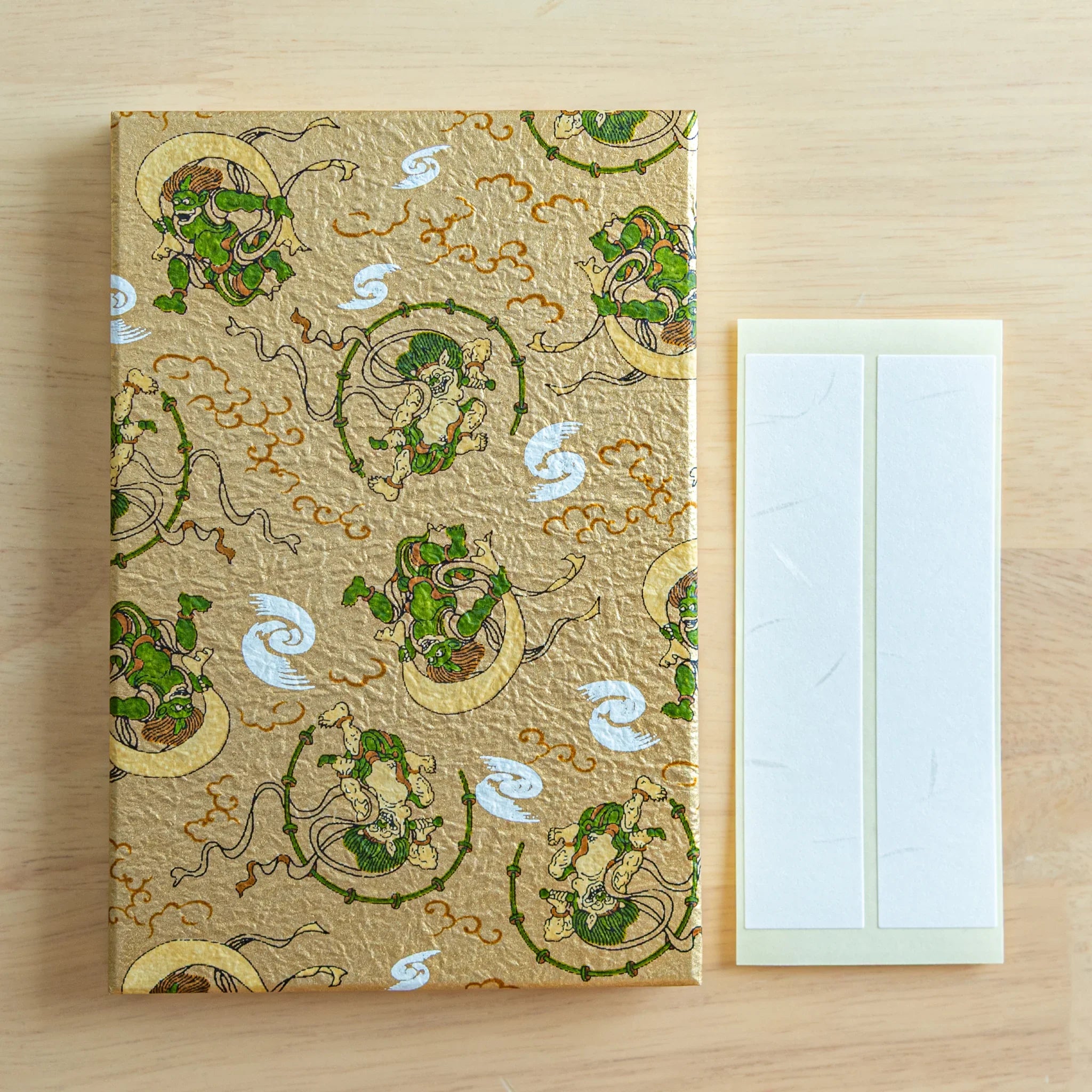 Fujin Raijin washi Japanese goshuincho stamp book with gold cover and two included white washi bookmark strips