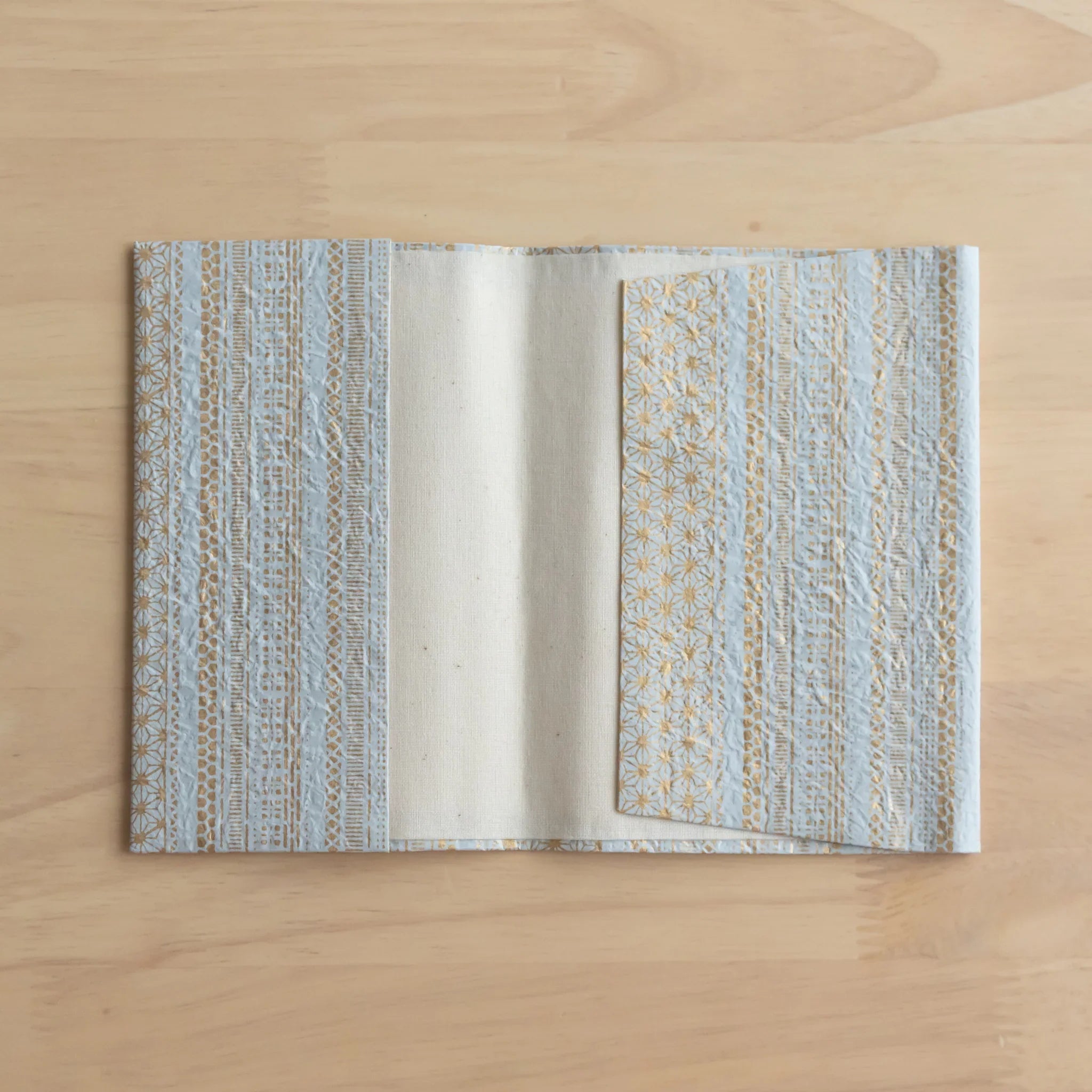 Golden Japanese Traditional Pattern Hand-Dyed Yuzen Washi Book Cover (A6), top-down perspective with detail