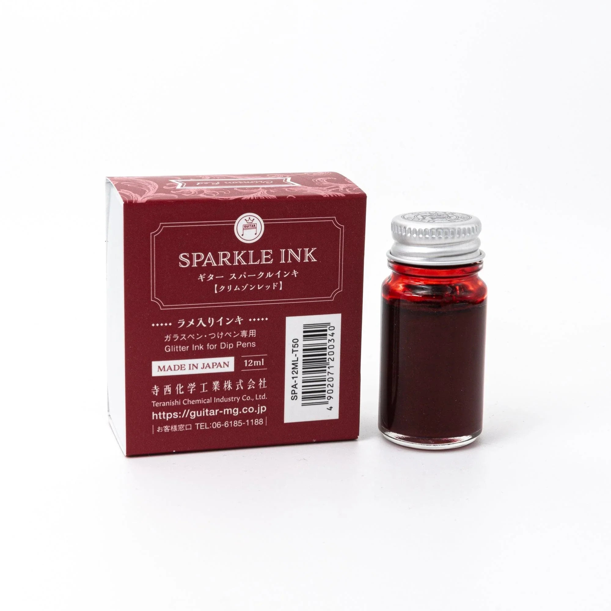 Guitar Sparkle Crimson Red ink bottle with shimmer metallic effect for Japanese writing featuring traditional Japanese design