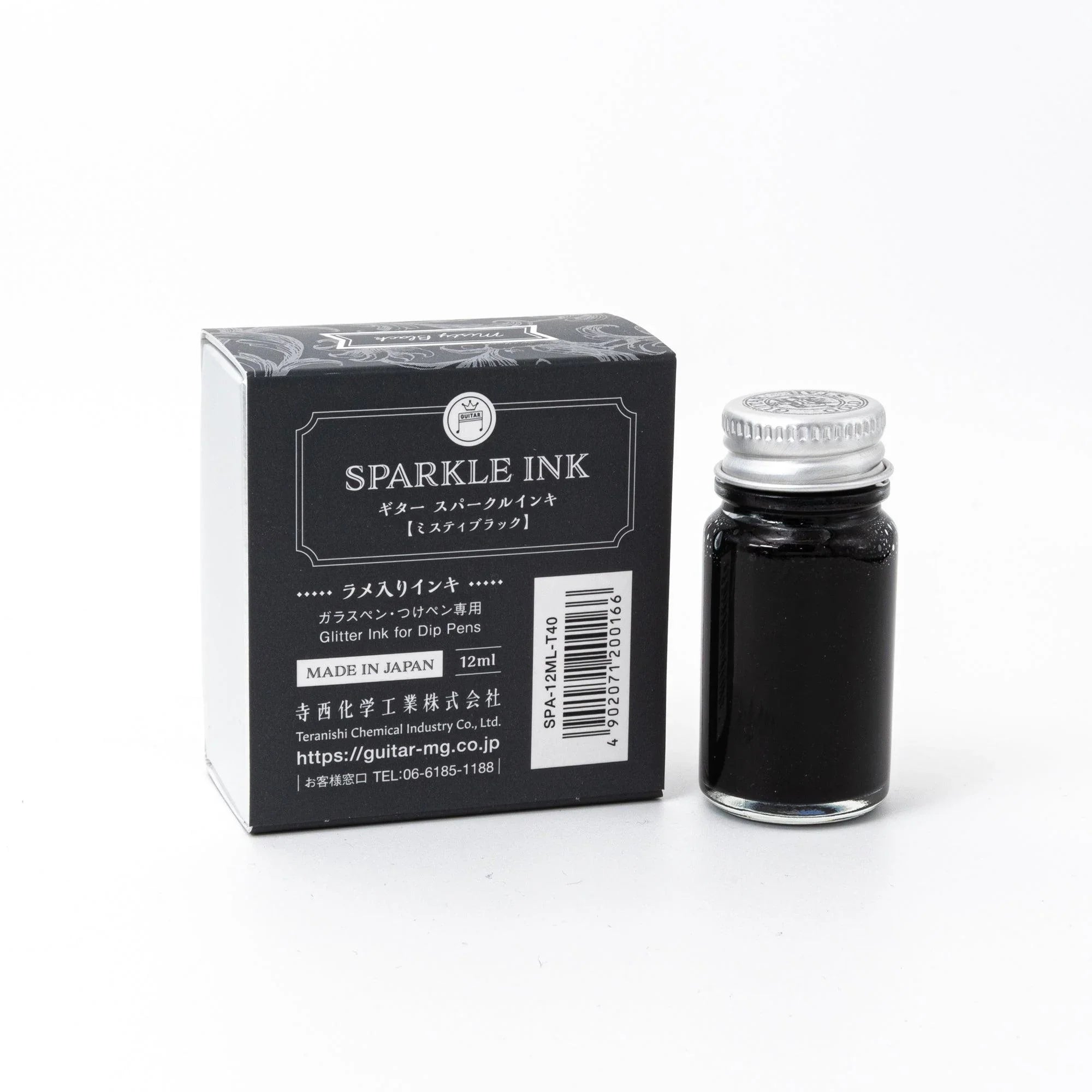 Guitar Sparkle Misty Black ink bottle with shimmer metallic effect for Japanese writing featuring traditional Japanese design