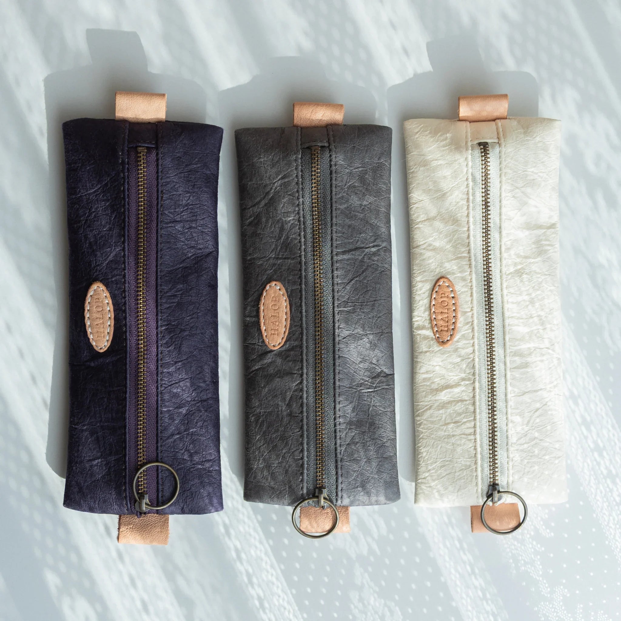 Gray Sugihara pen case displayed from angle view showing design displayed clearly with traditional construction