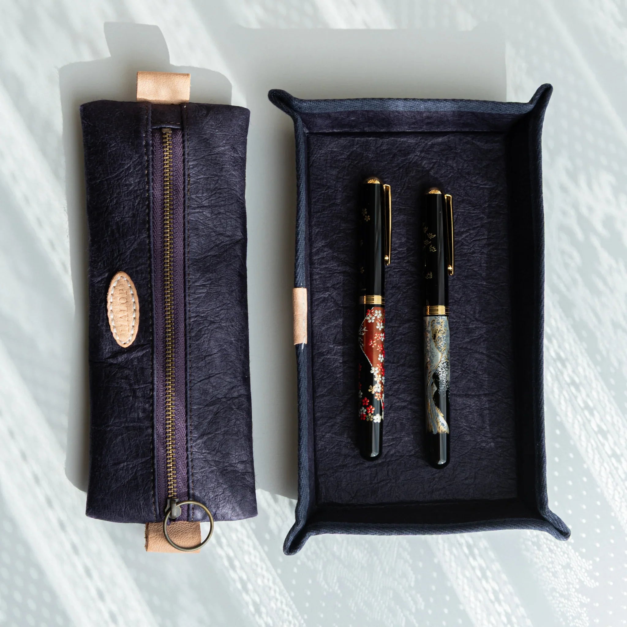 Sugihara washi pen case detail with corner fold and construction method displayed clearly with hand-dyed finish