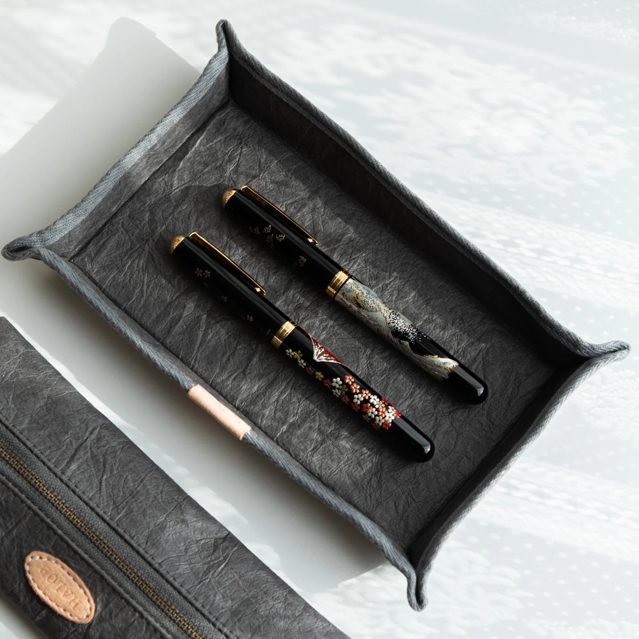 Handcrafted Sugihara Washi Paper Pen Tray gray overhead perspective view showing top surface and grooves