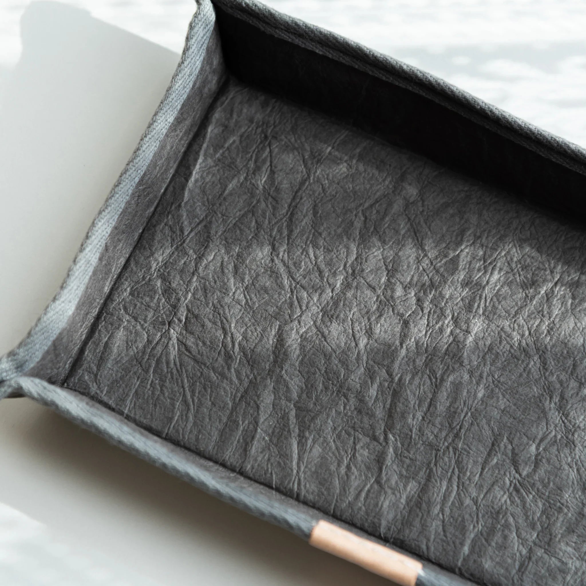 Handcrafted Sugihara Washi Paper Pen Tray gray side profile view showing washi paper and wooden structure