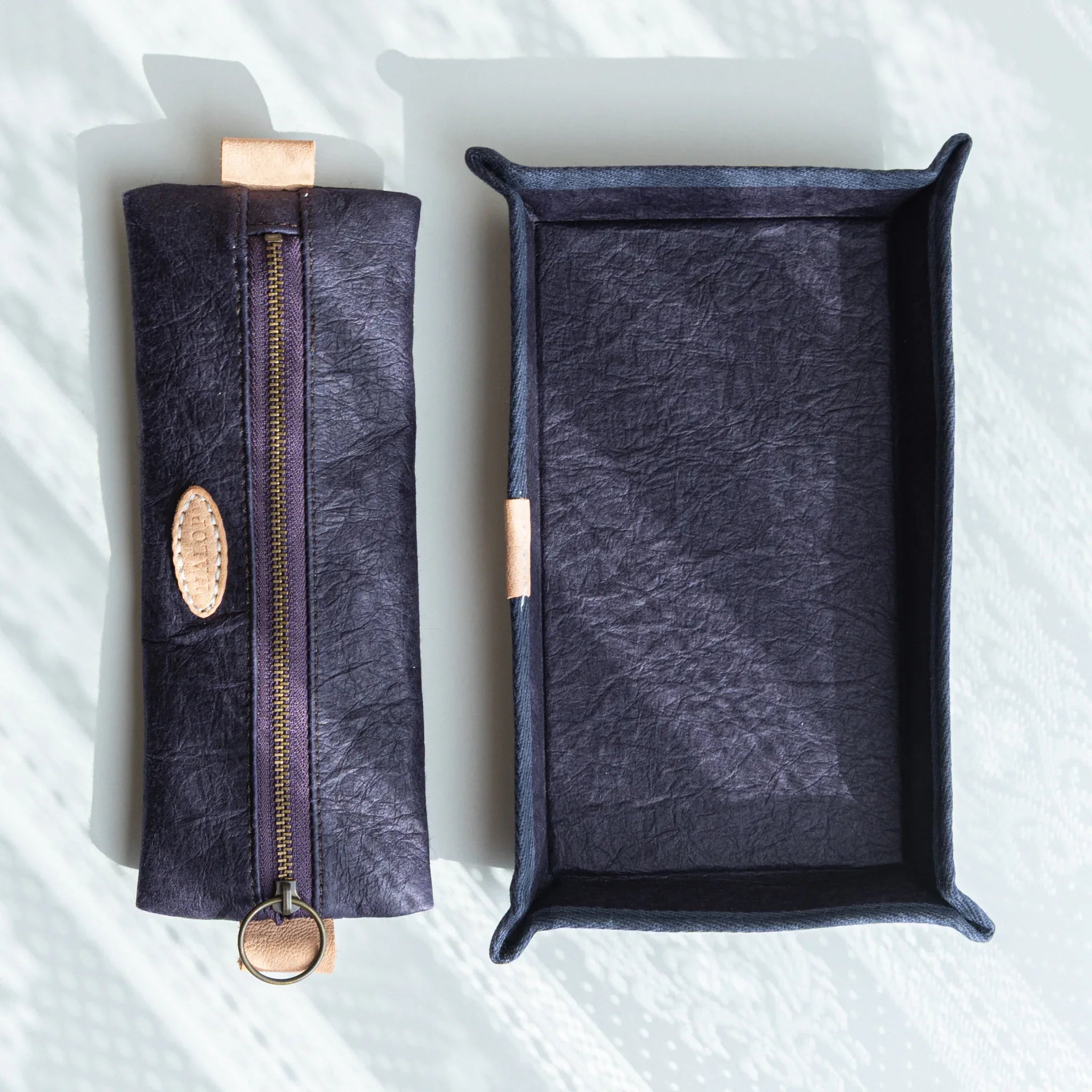 Handcrafted Sugihara Washi Paper Pen Tray purple complete set view showing tray and decorative presentation