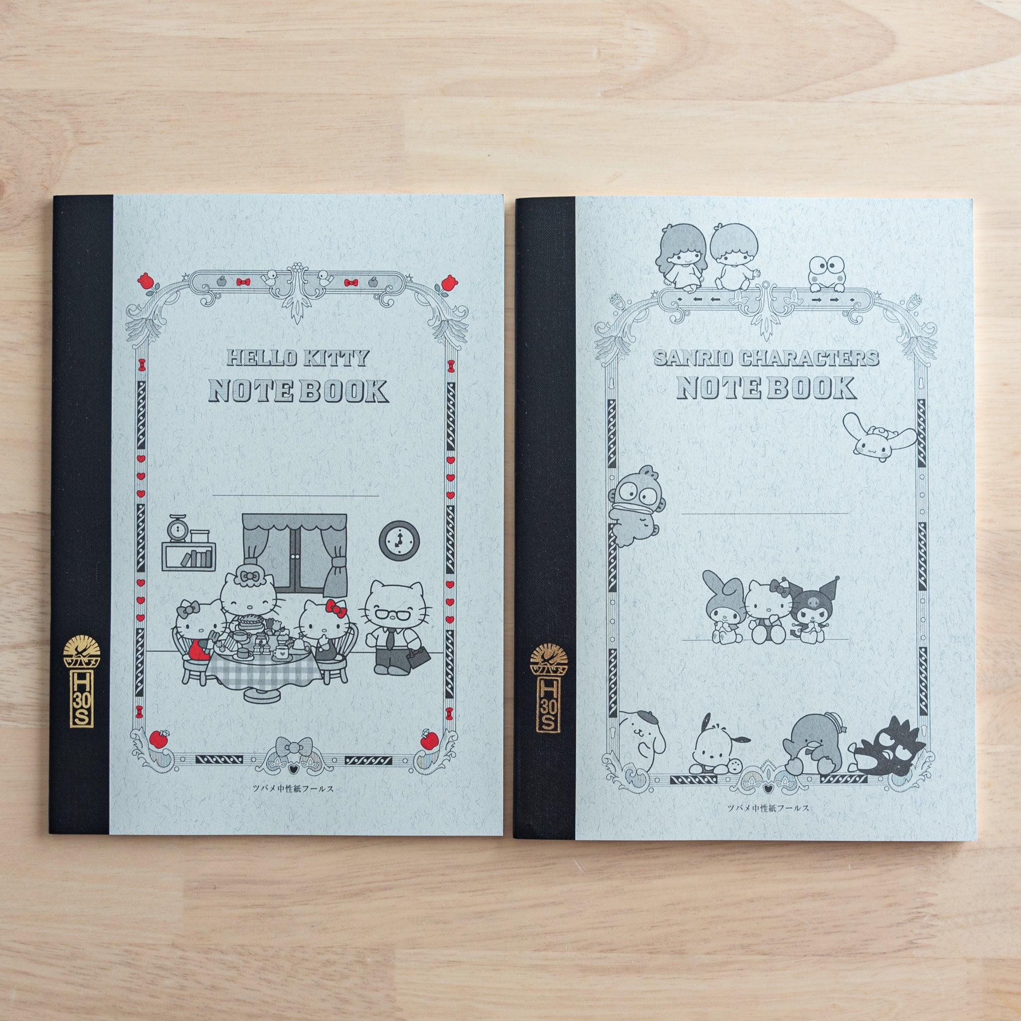 Two Tsubame Japanese notebooks with Sanrio designs, featuring Hello Kitty and other characters on ornate covers with black spines and red accents, blending elegance and cuteness.