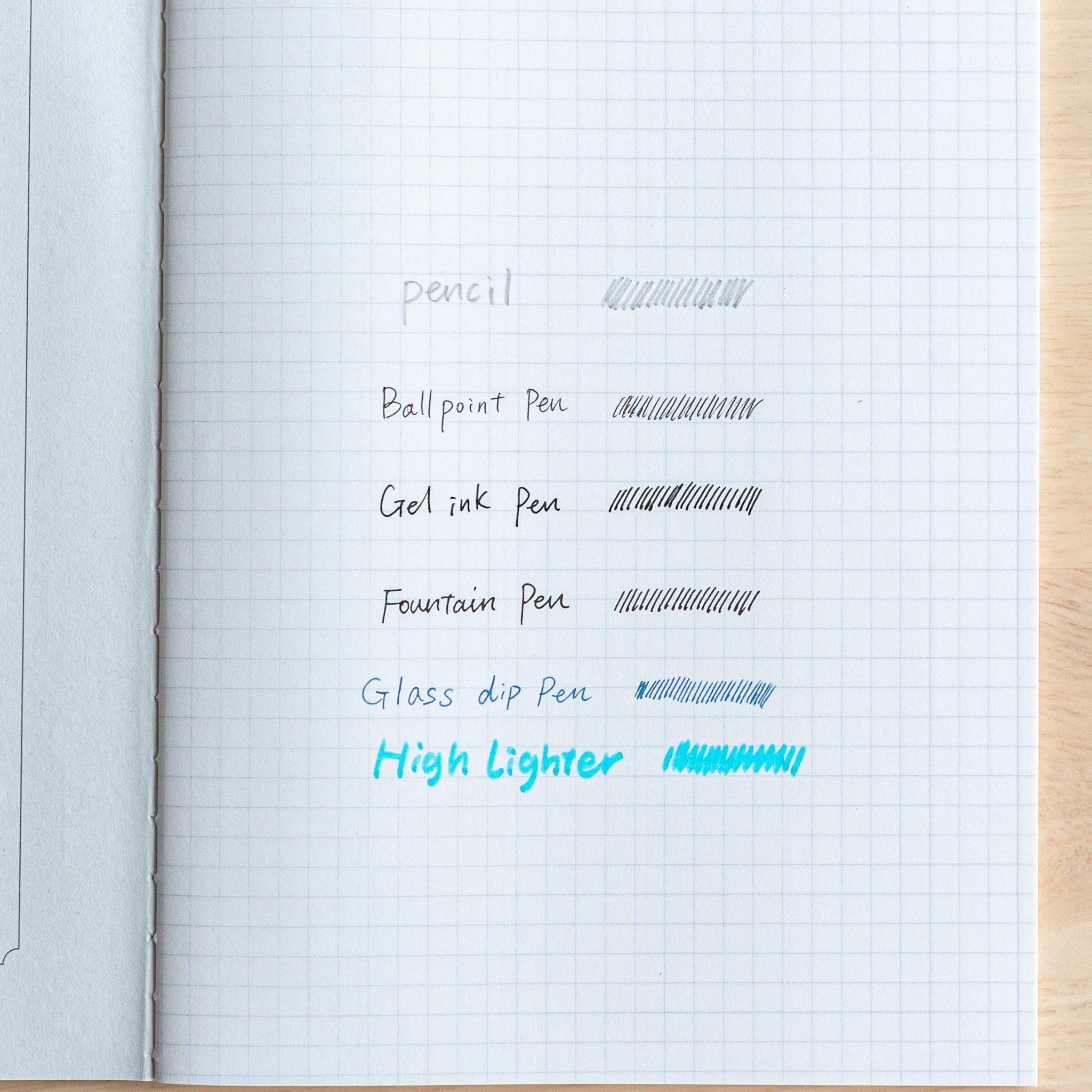 A notebook page comparing writing and shading with a pencil, ballpoint, gel ink, fountain, glass dip pen, and highlighter.