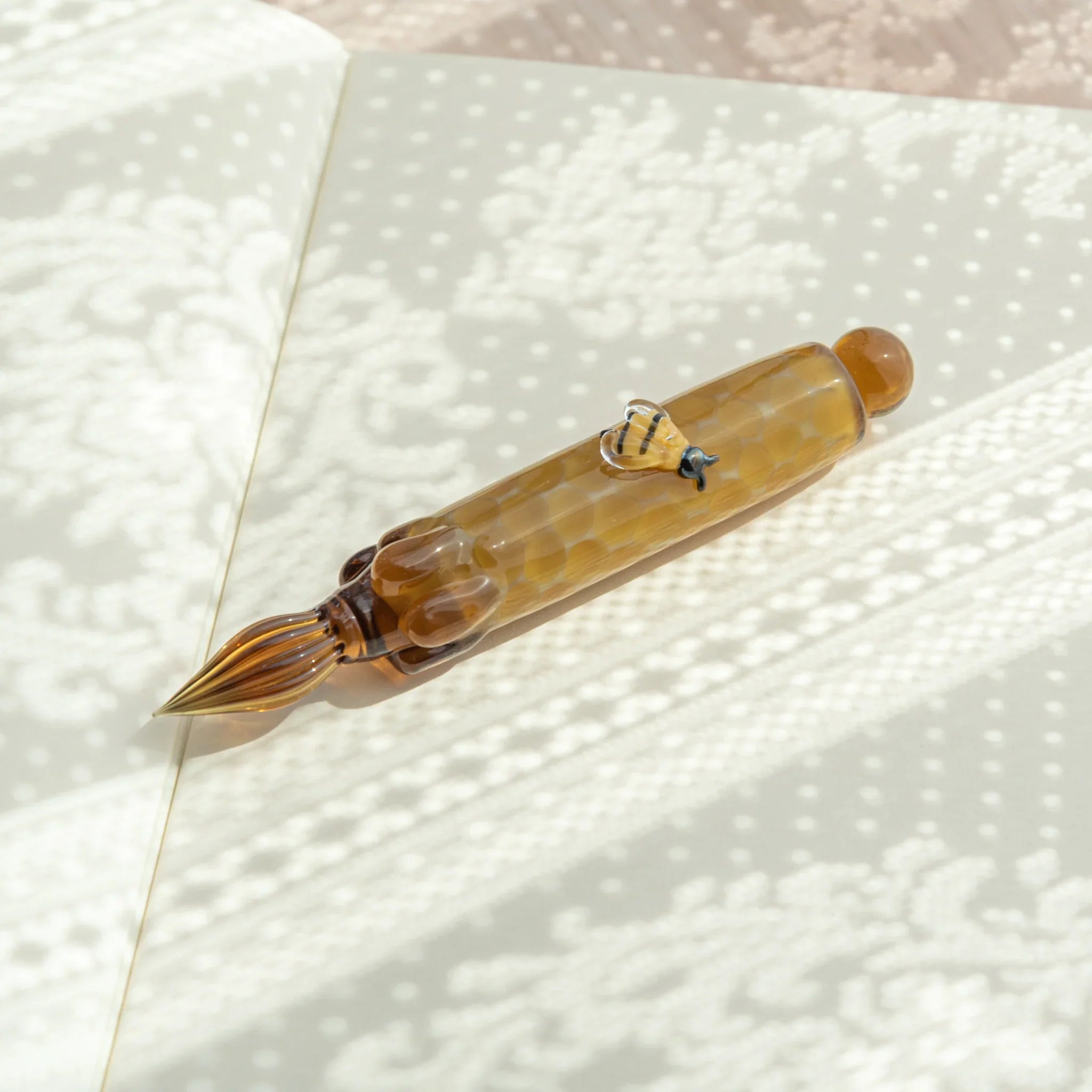 hand-made honey bee glass dip pen with detailed resin work and decorative wooden base holder with unique design