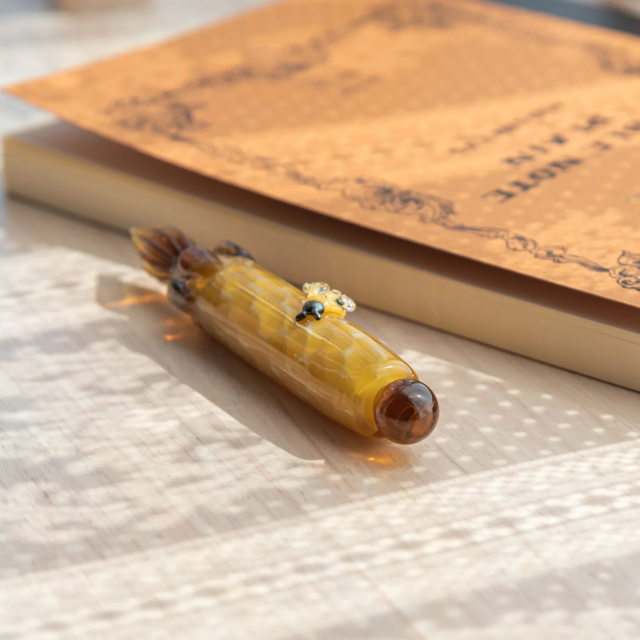 Hand-painted honey bee glass dip pen bringing cheerful pollinator to decorative writing instruments with unique