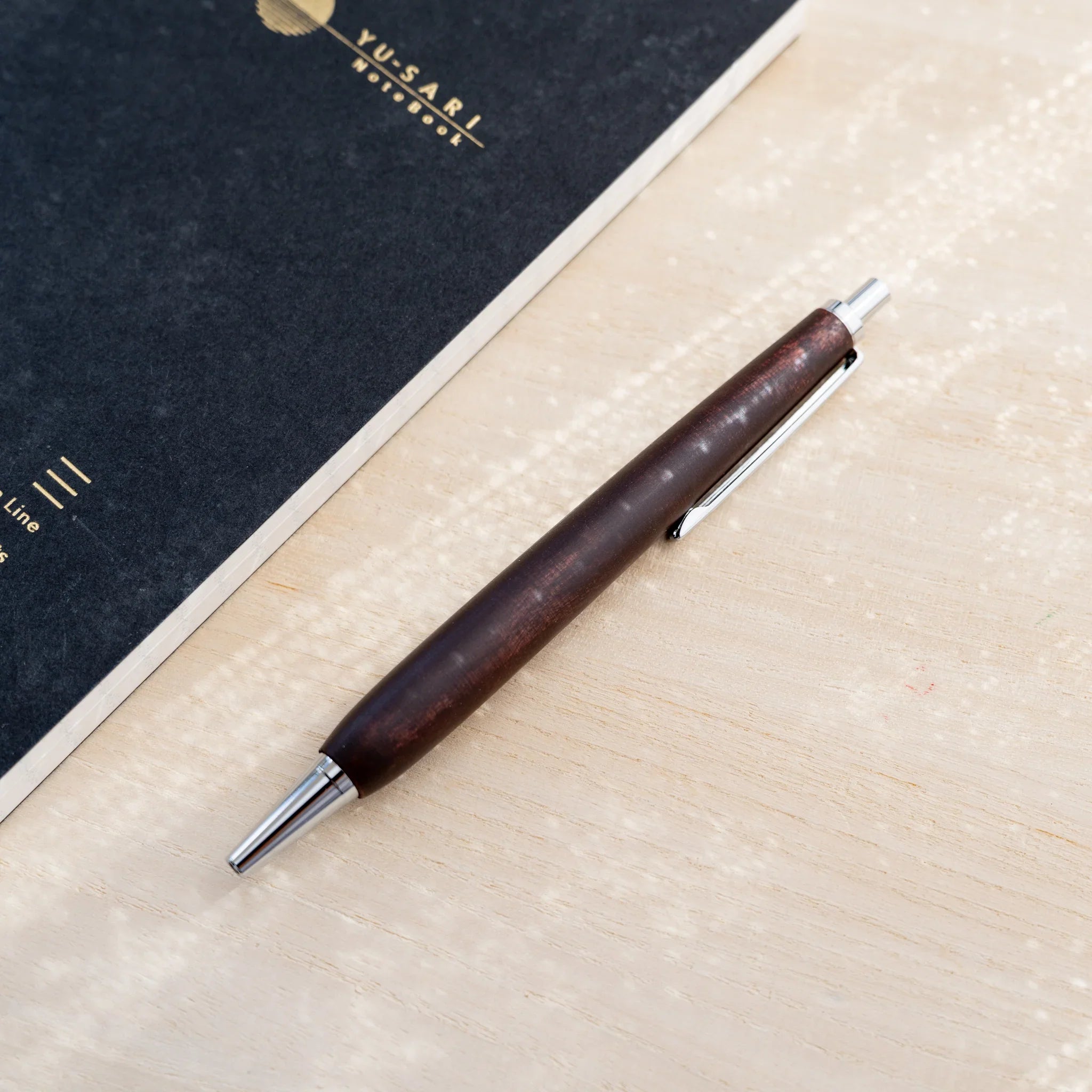 Horse chestnut wood urushi lacquered ballpoint pen in chocolate brown, Japanese wood, silver knock and clip