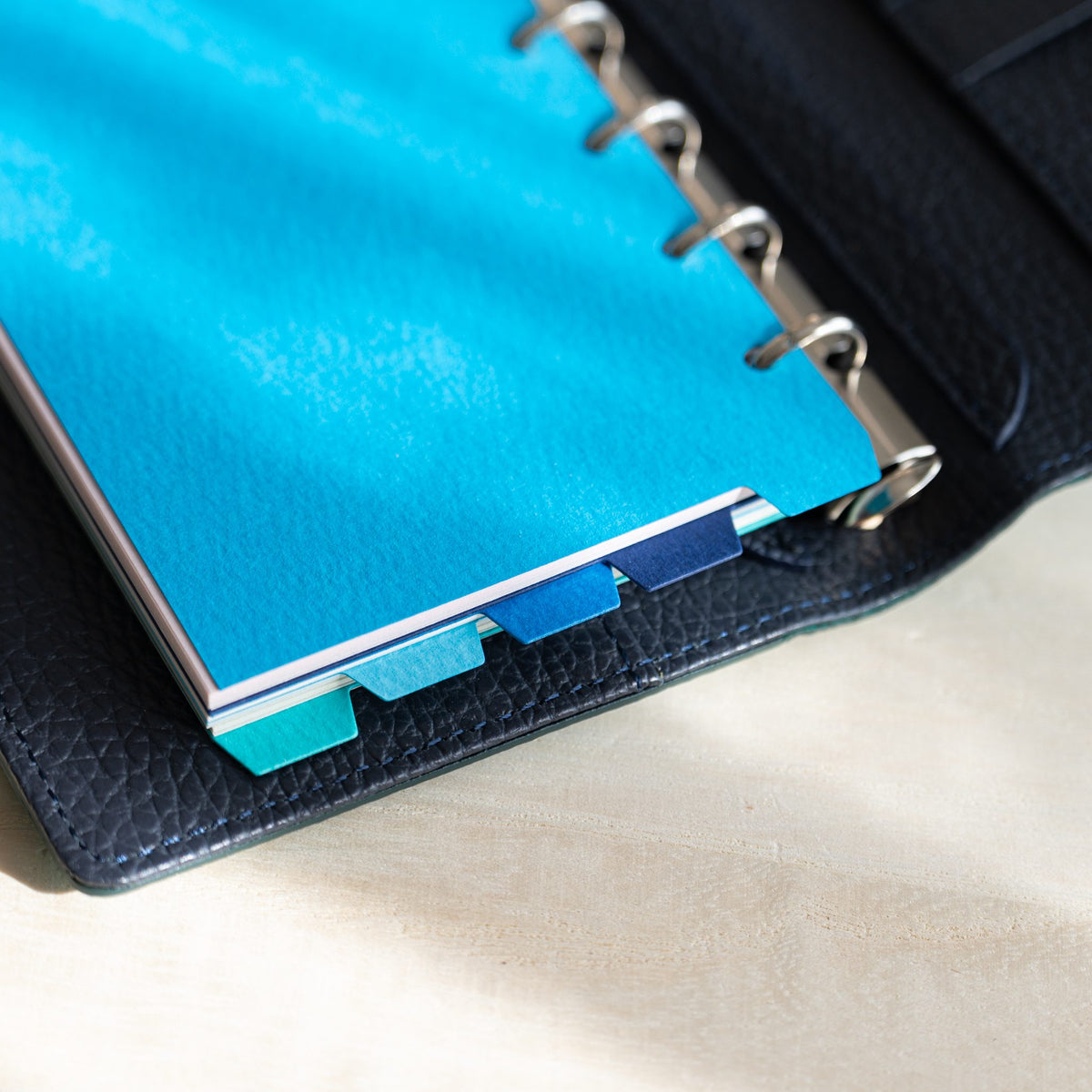 Blue tabbed dividers on silver rings in the navy leather planner, staggered tabs at the edge
