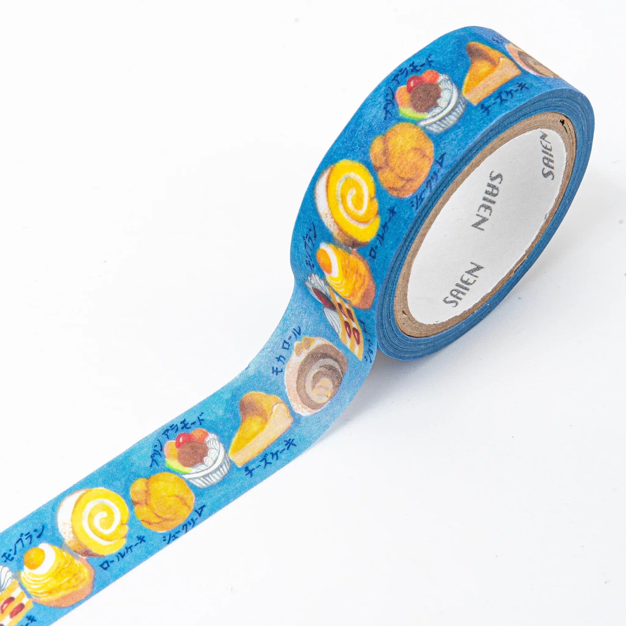 Japanese Cakes Iyo Washi Tape roll with SAIEN masking tape label and bright blue decorative tape with cake motifs