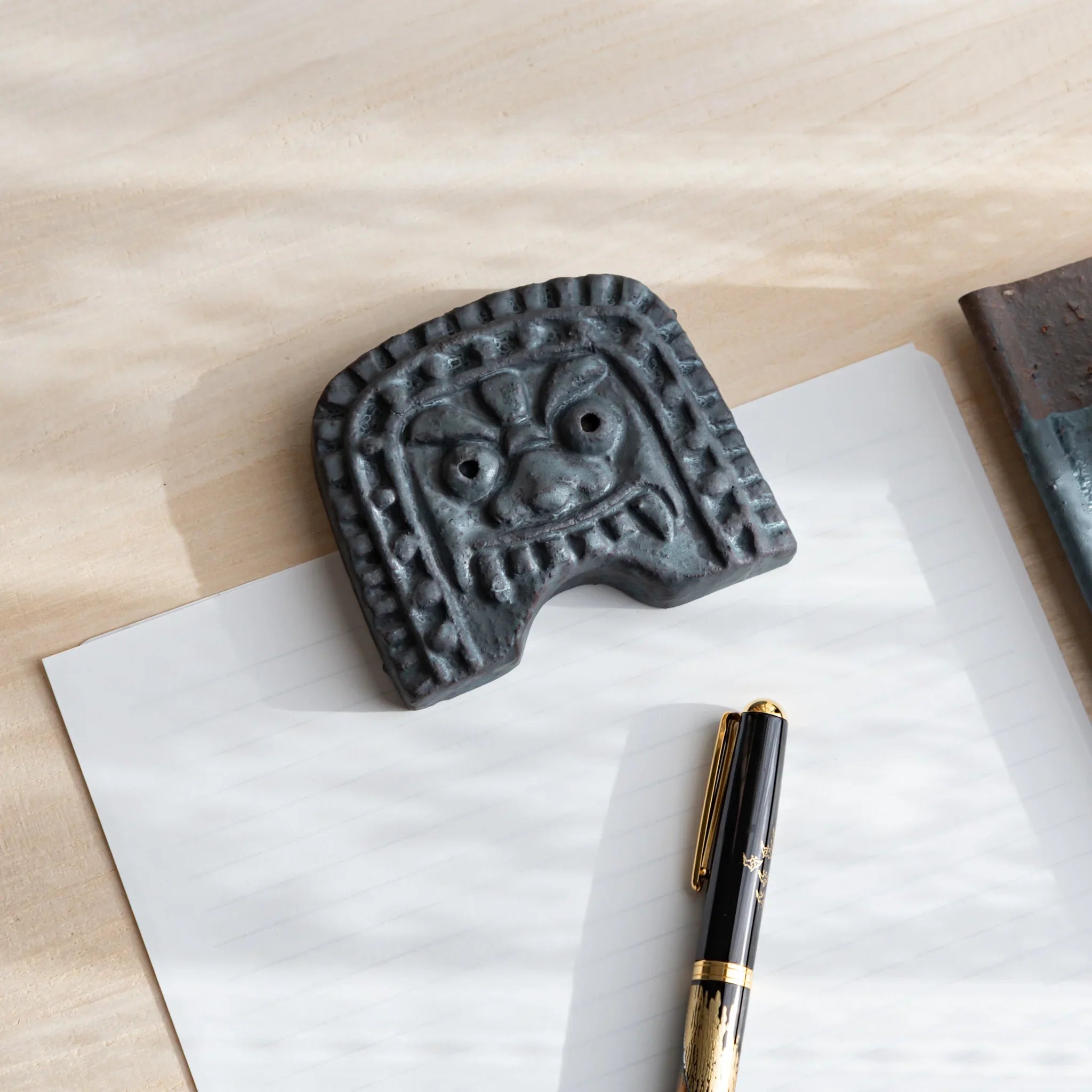 Japanese Kawara Roof Guardian Paperweight Medium square face overhead perspective showing square top form