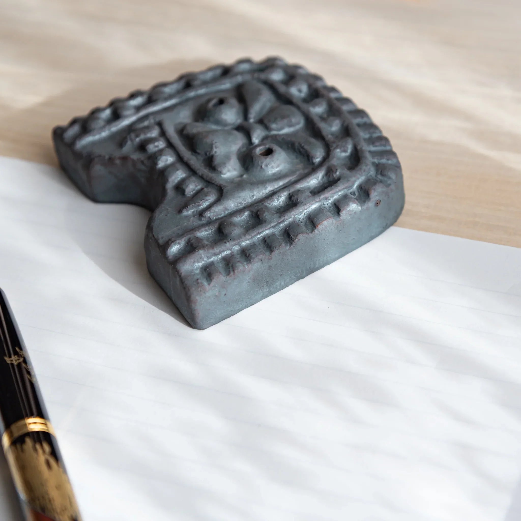 Japanese Kawara Roof Guardian Paperweight Medium square face side profile view showing guardian features