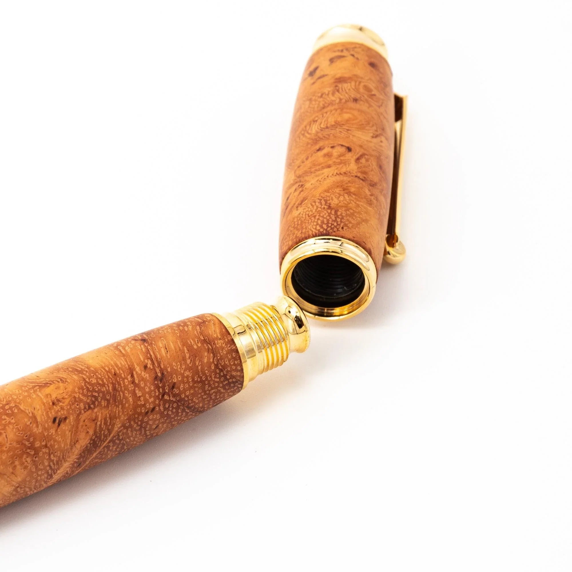 Japanese Karin Wood Screw Cap Fountain Pen with screw cap removed showing metal nib and wooden barrel