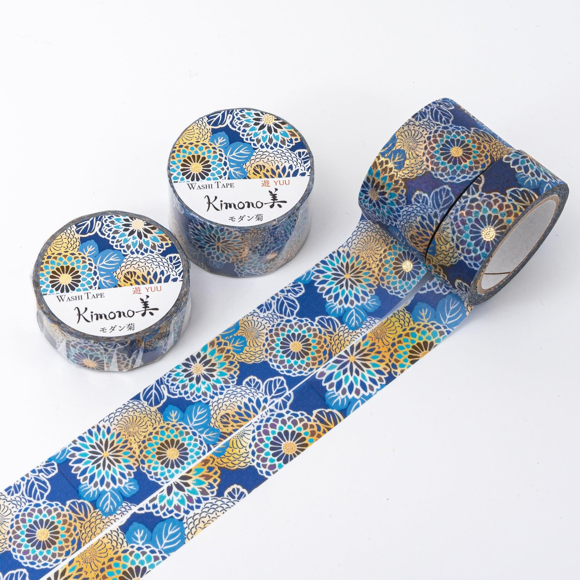 Kimono Beauty Series Blue Chrysanthemum Iyo Washi Tape roll with blue chrysanthemum flowers displayed