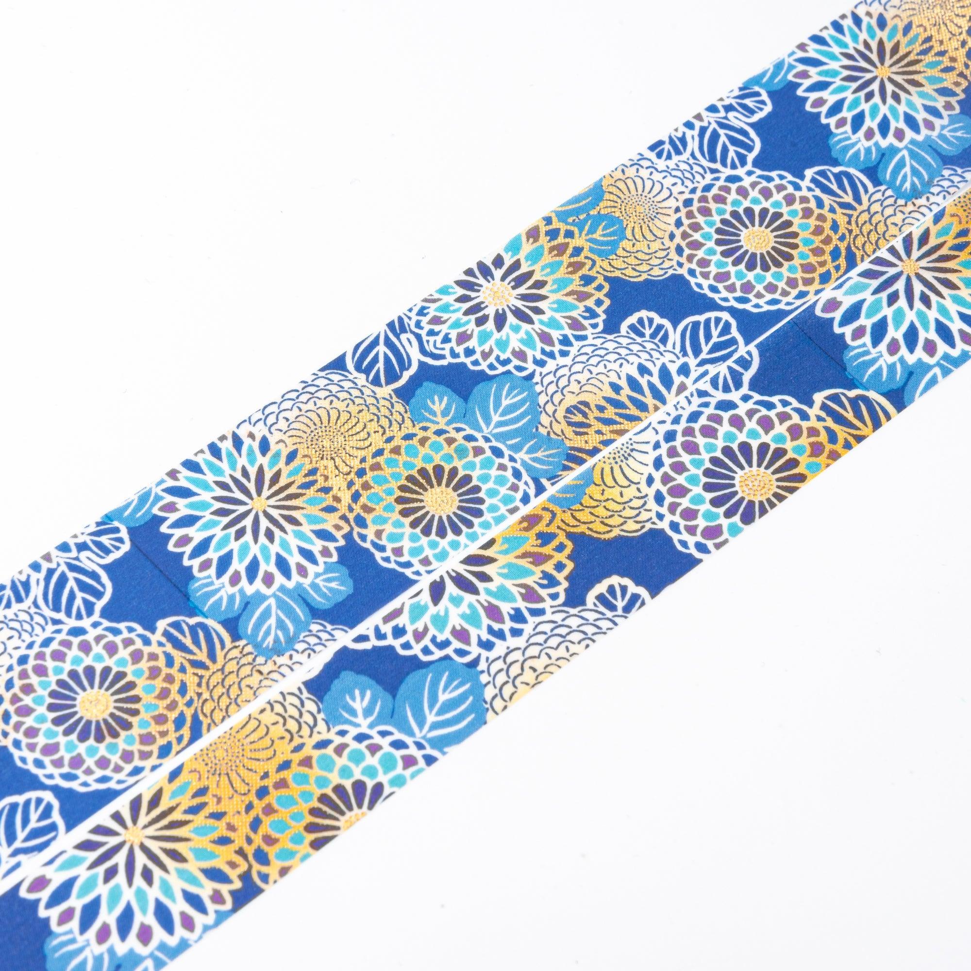 Kimono Beauty Series Blue Chrysanthemum Iyo Washi Tape angled view showing detailed chrysanthemum design