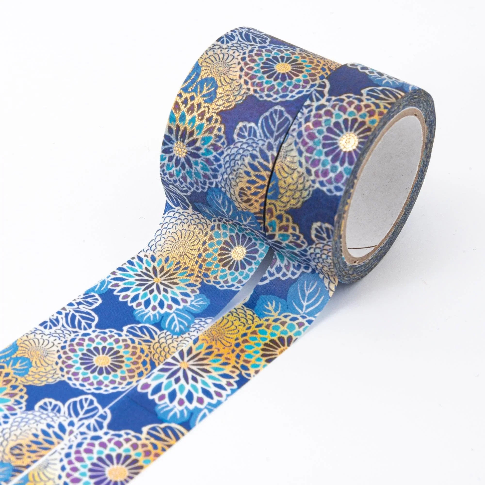Kimono Beauty Series Blue Chrysanthemum Iyo Washi Tape overhead view displaying chrysanthemum blossom