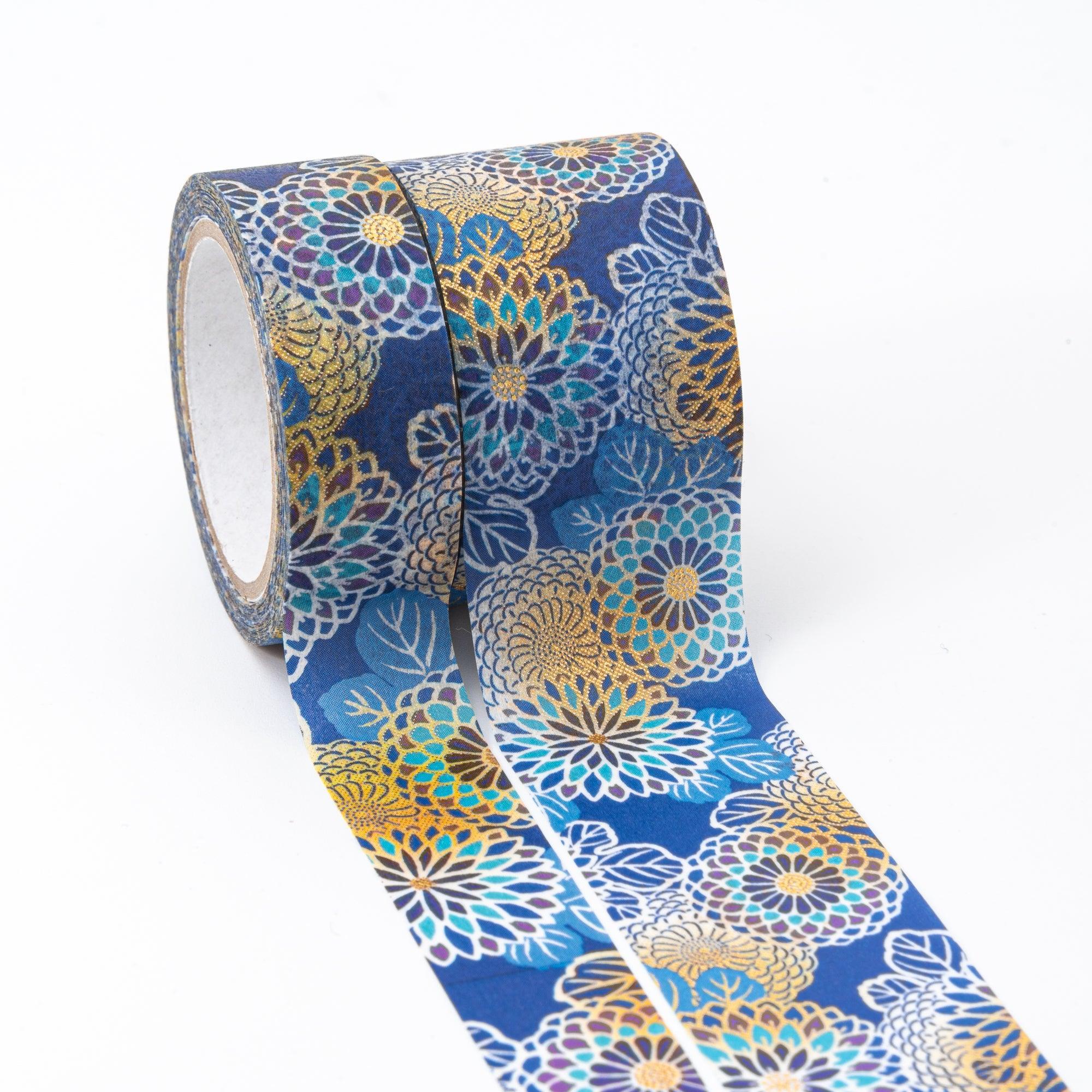 Kimono Beauty Series Blue Chrysanthemum Iyo Washi Tape side profile showing chrysanthemum pattern tape