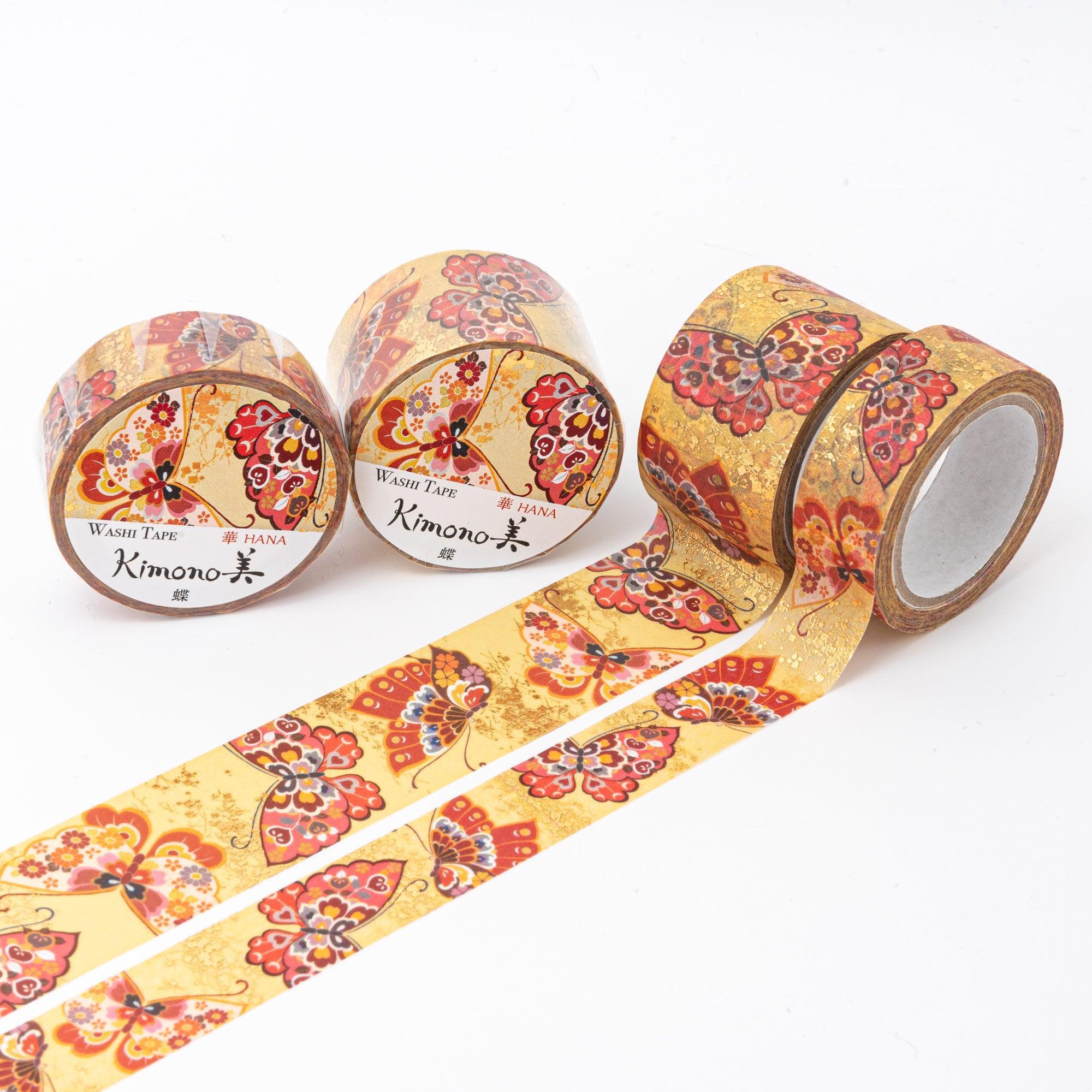 Kimono Beauty Series Butterfly Iyo Washi Tape roll with colorful butterfly and floral motifs on blue background
