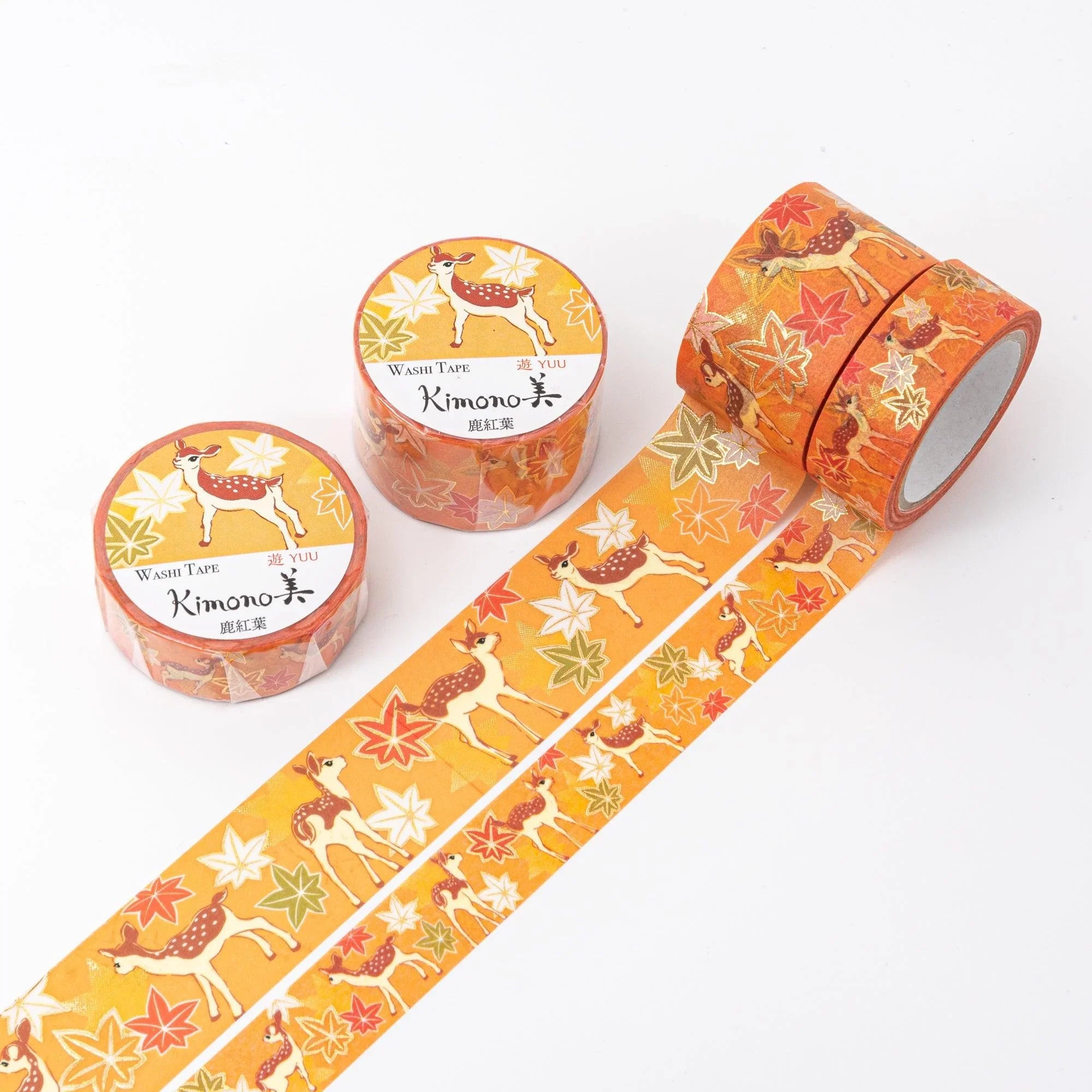 Kimono Beauty Series Deer and Autumn Leaves Iyo Washi Tape roll with deer and fall leaf motifs on blue