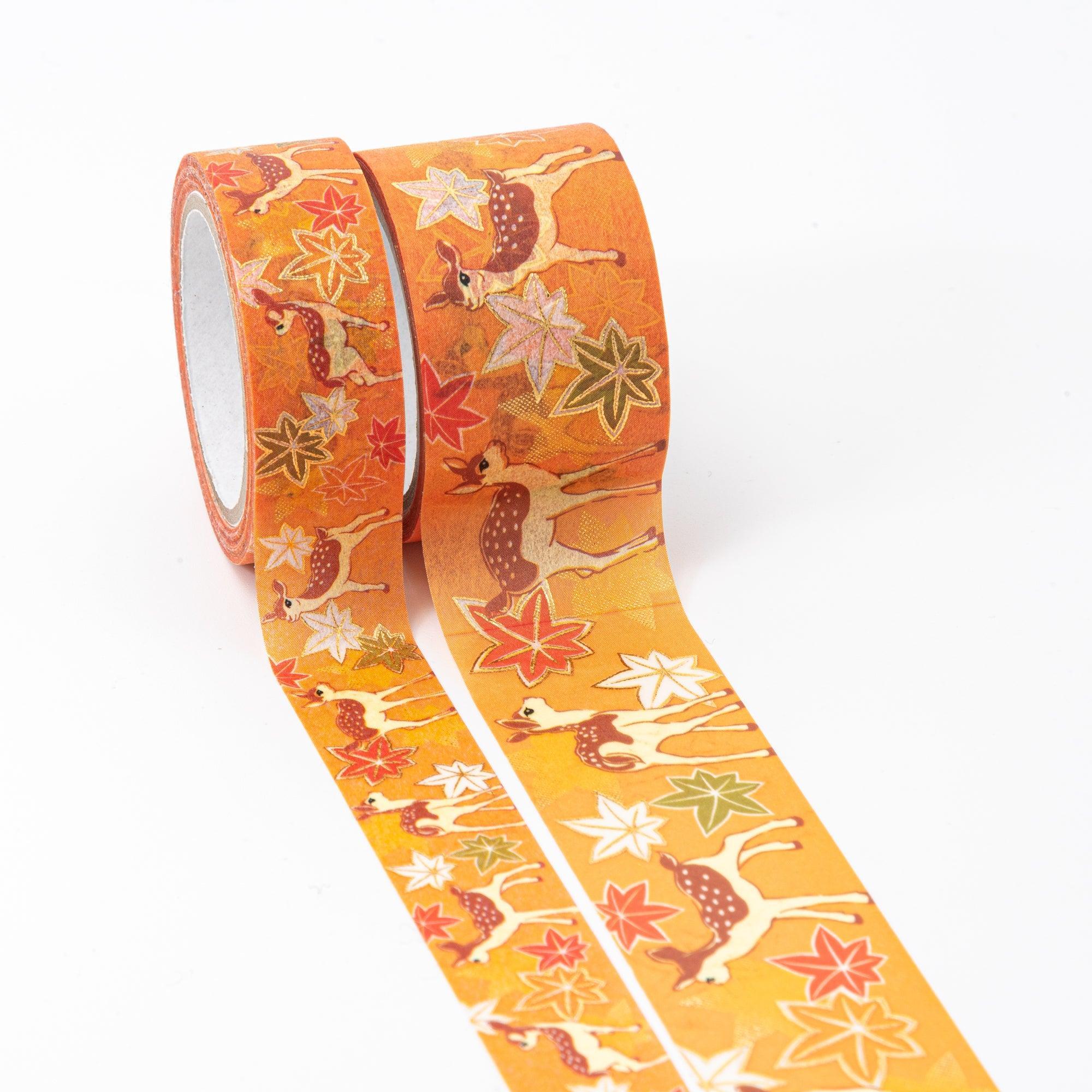Kimono Beauty Series Deer and Autumn Leaves Iyo Washi Tape side profile showing tape with autumn season theme