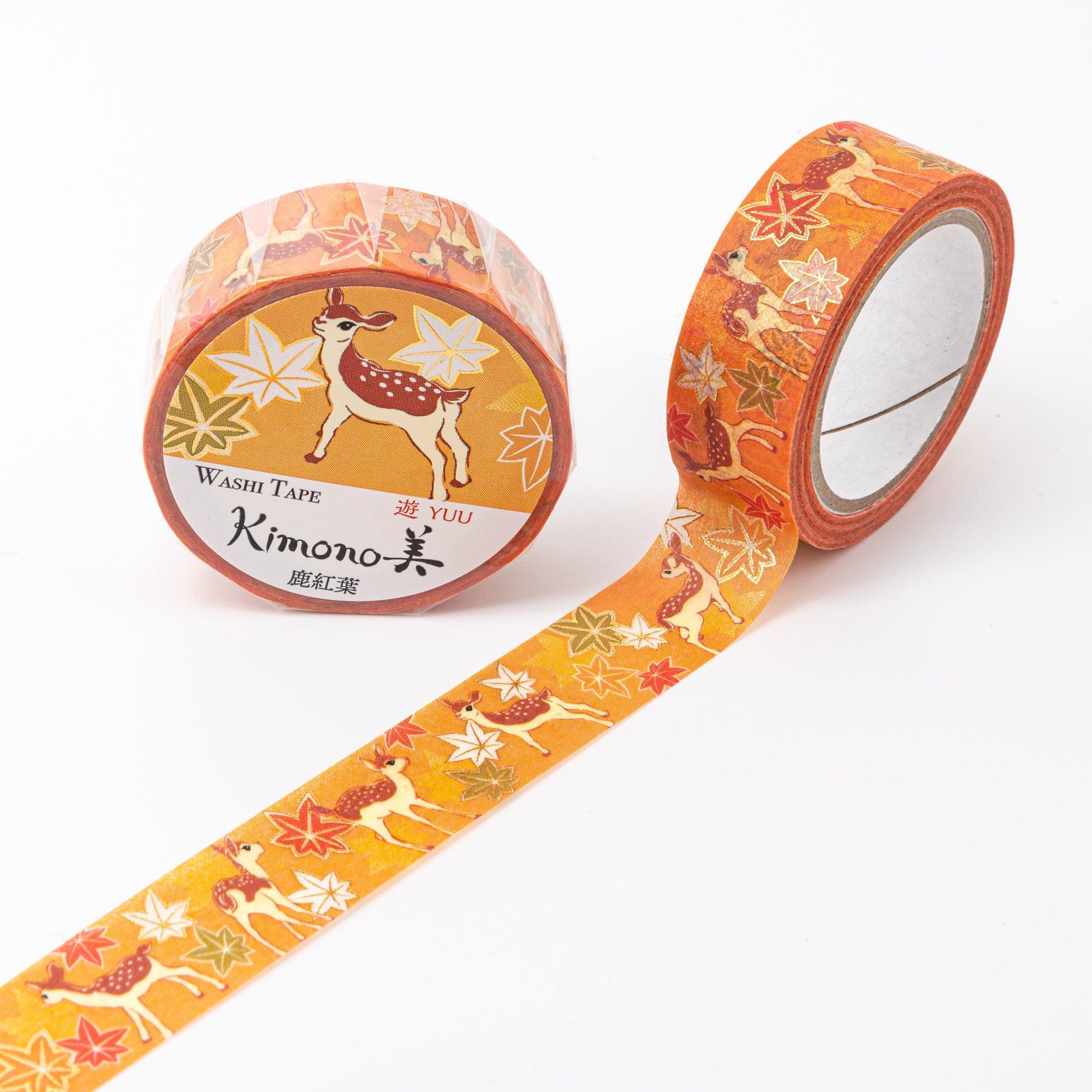 Kimono Beauty Series Deer and Autumn Leaves Iyo Washi Tape showing graceful deer and red autumn leaf designs