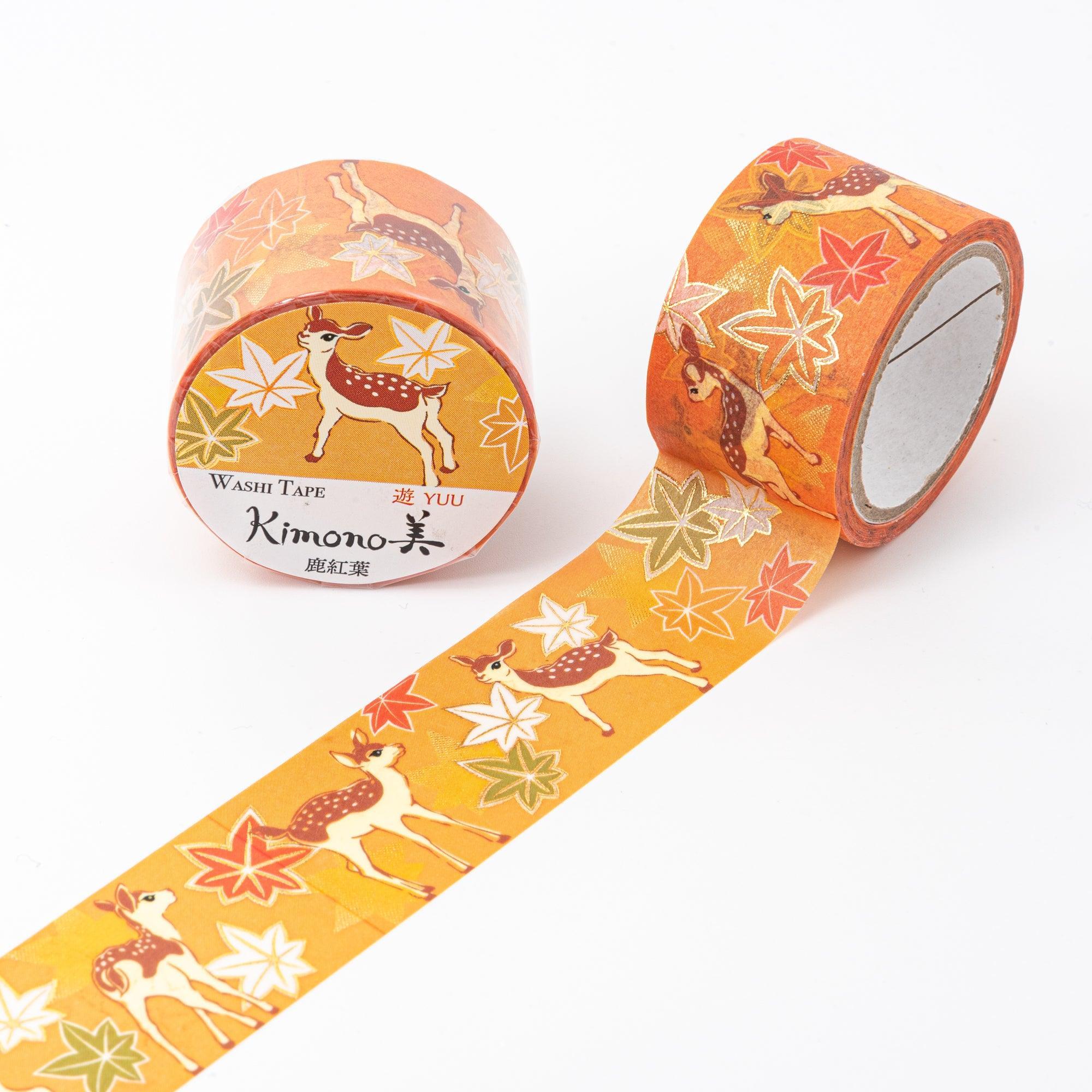 Kimono Beauty Series Deer and Autumn Leaves Iyo Washi Tape three-quarter view showing complete design pattern