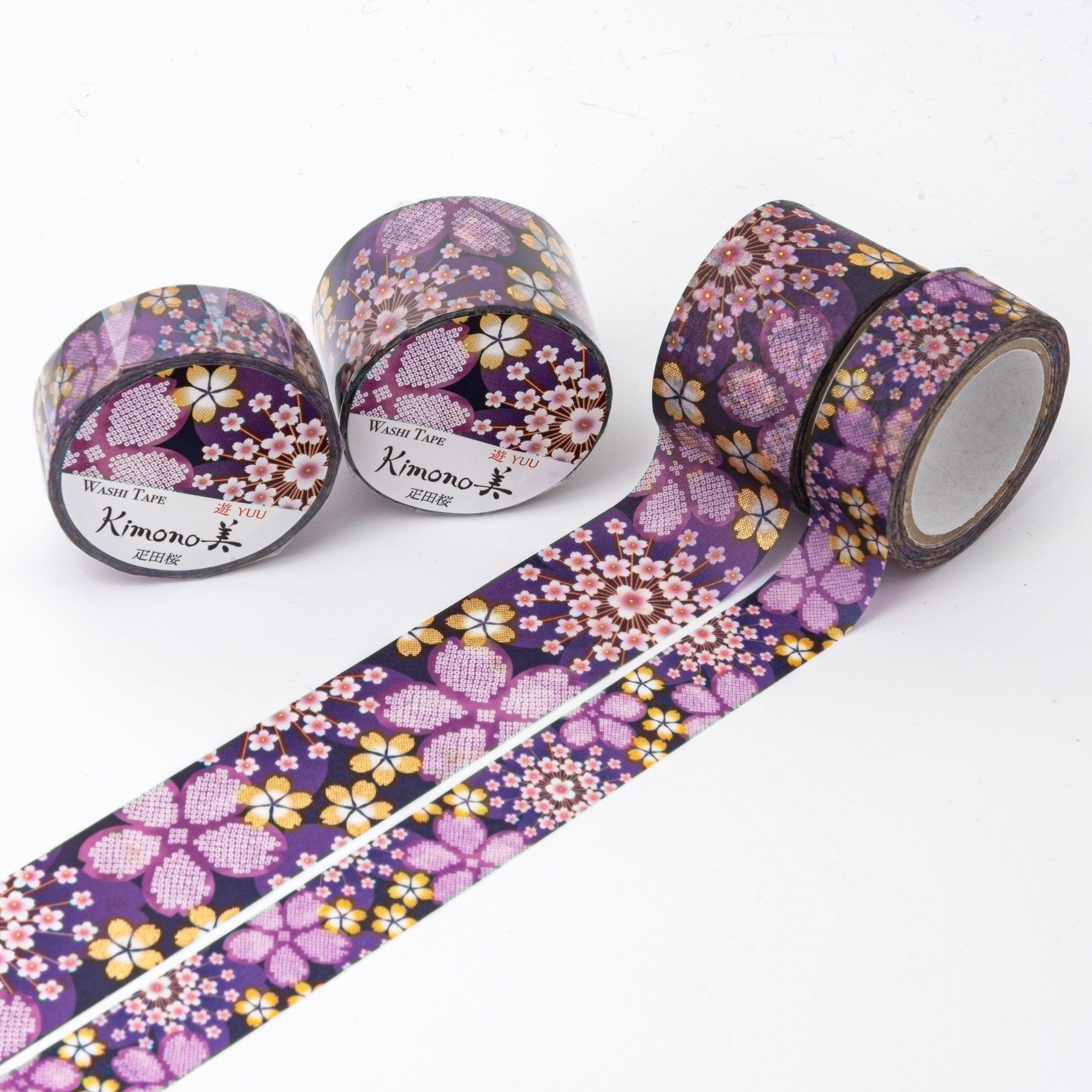 Kimono Beauty Series Hikita Sakura Iyo Washi Tape roll with cherry blossom spray pattern on blue background