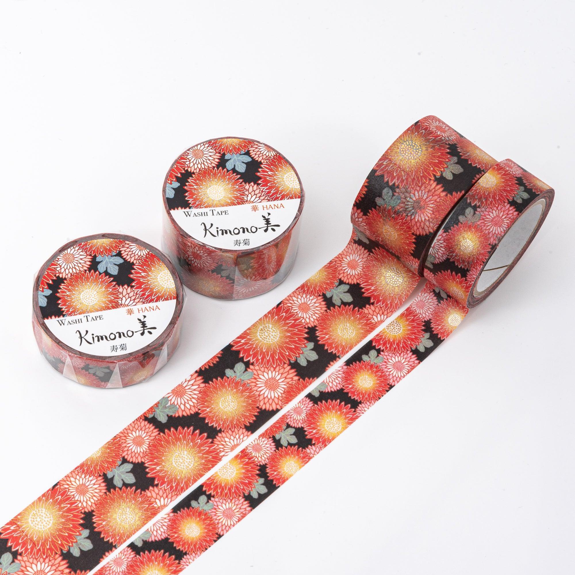 Kimono Beauty Series washi tape with Kotobuki Chrysanthemum Iyo spooled roll showing traditional pattern