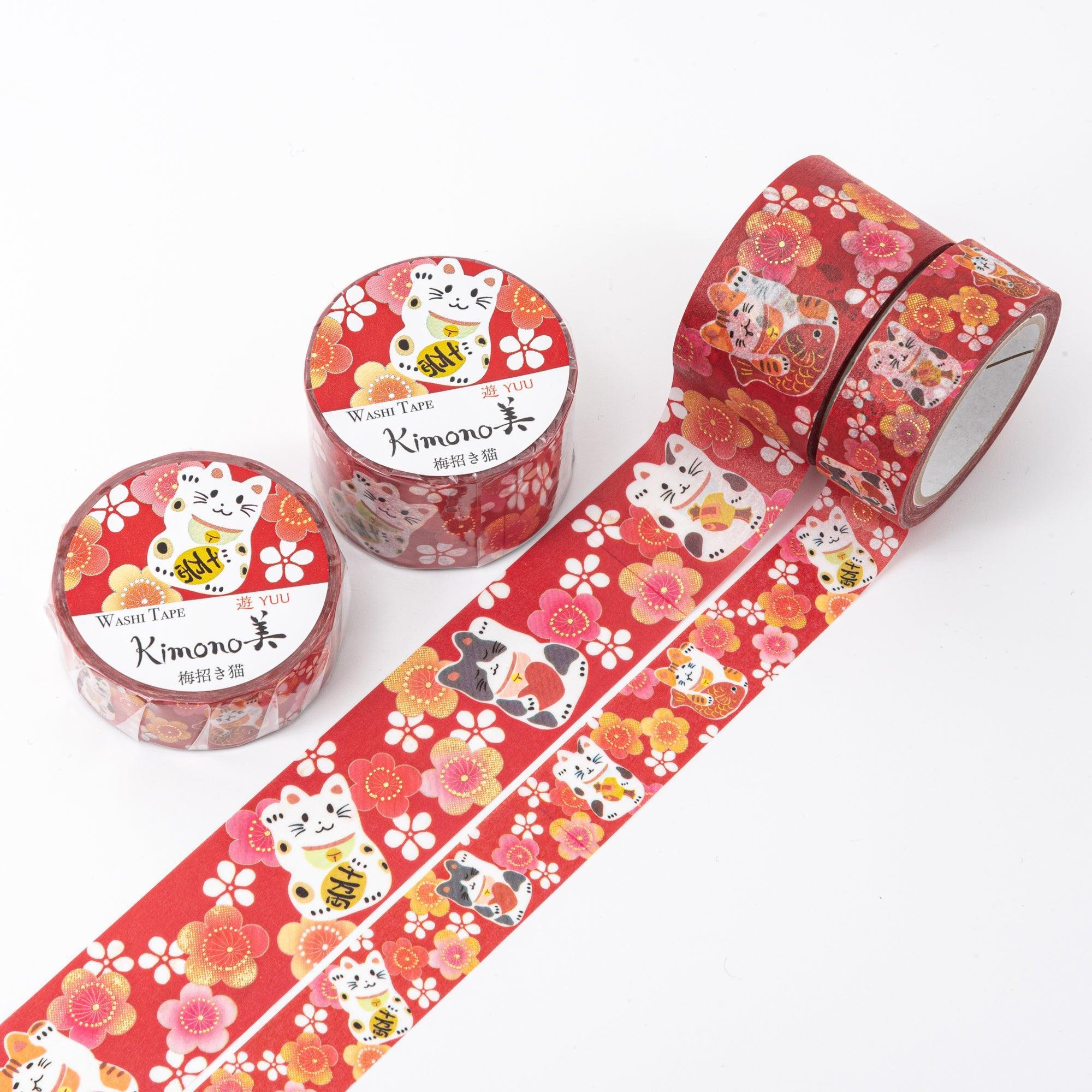 Kimono Beauty Series Maneki Neko Iyo Washi Tape roll with lucky fortune cat motif on blue background color