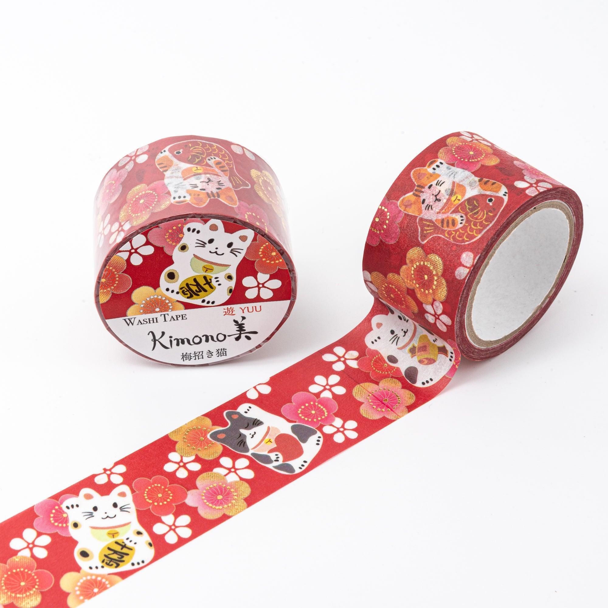 Kimono Beauty Series Maneki Neko Iyo Washi Tape three-quarter view showing complete fortune cat pattern design