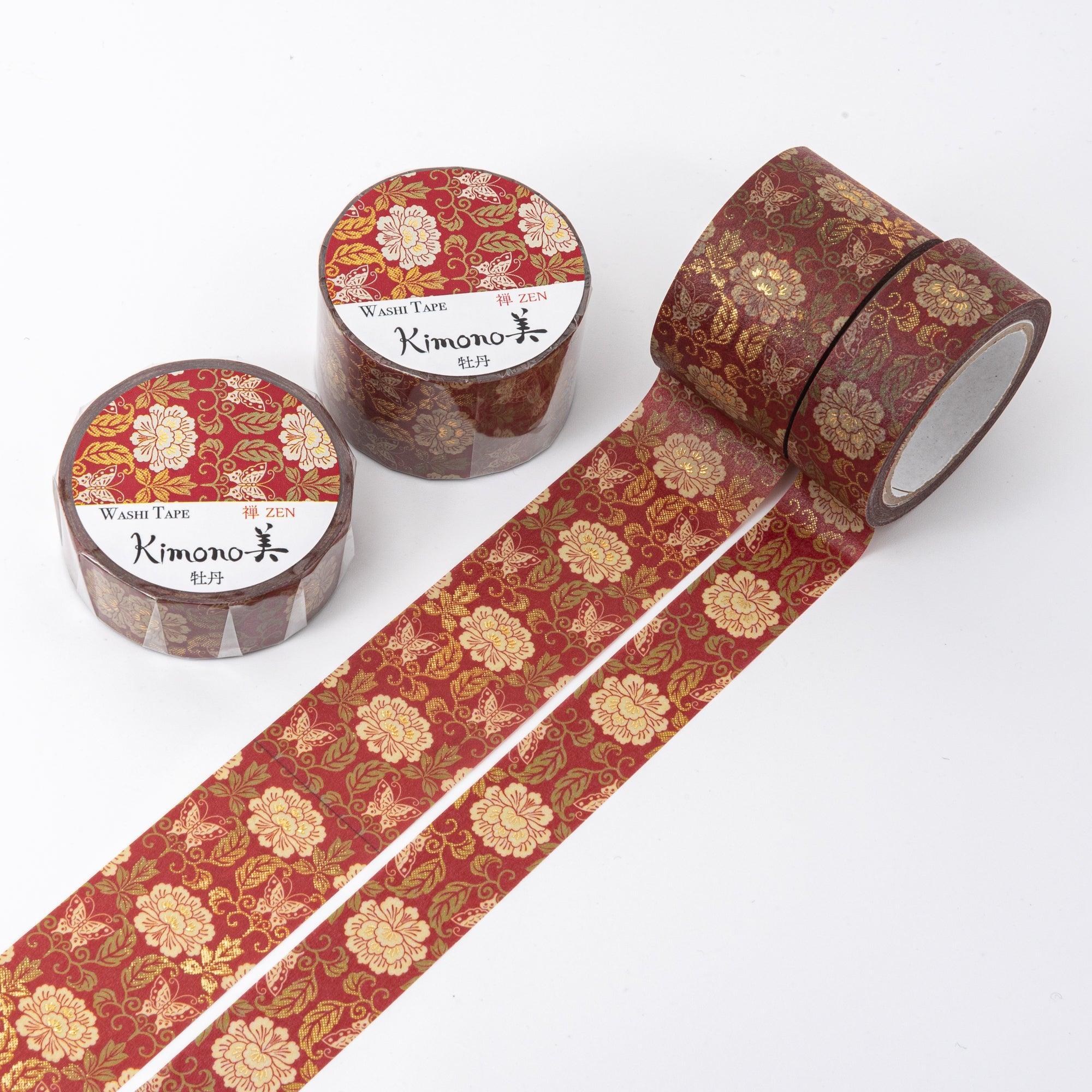 Kimono Beauty Series Peony Iyo Washi Tape roll with delicate pink peony flower pattern on blue background