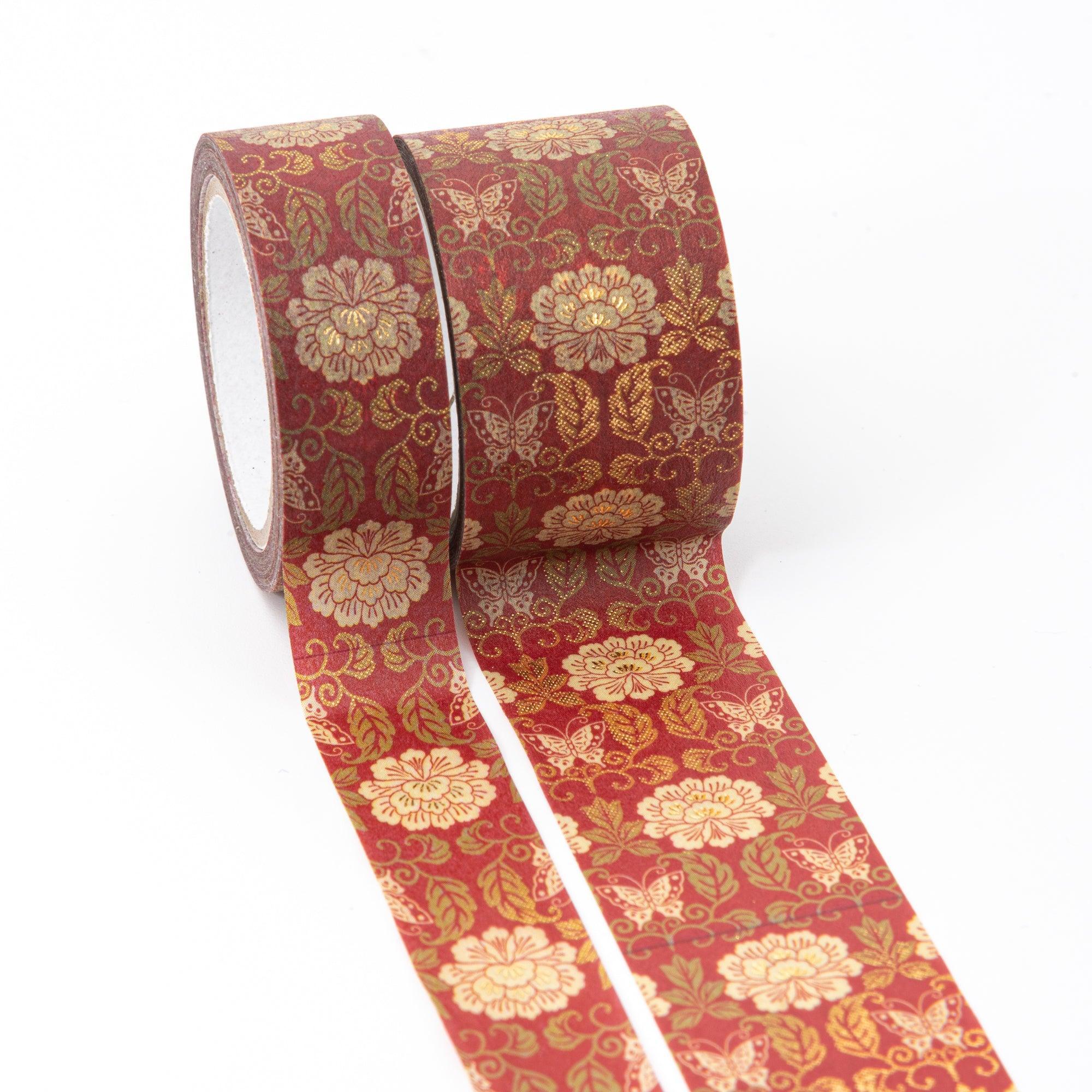 Kimono Beauty Series Peony Iyo Washi Tape side profile showing compact roll with pink peony blossom pattern