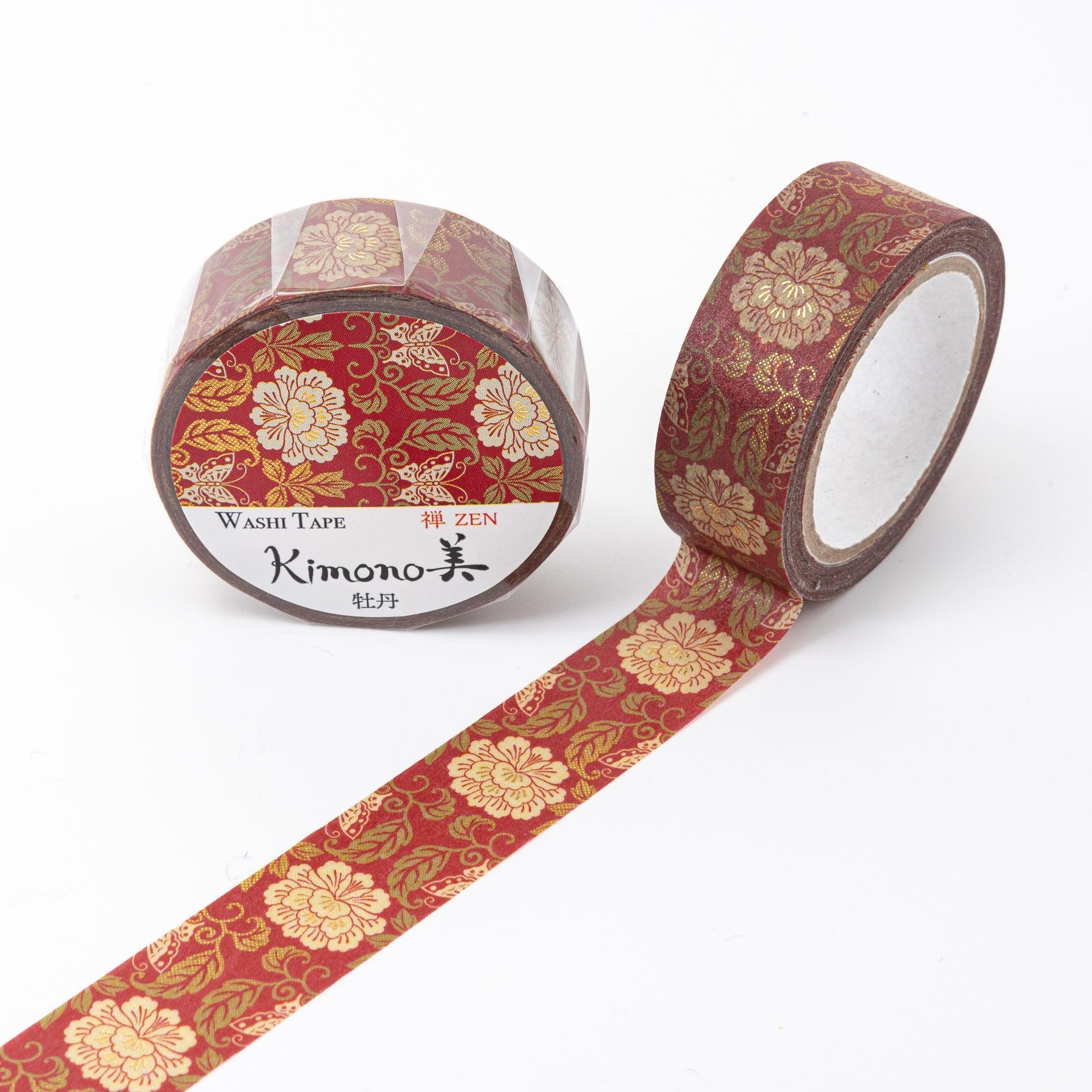 Red washi tape rolls with gold floral and butterfly patterns, exuding elegance and a traditional Japanese aesthetic.